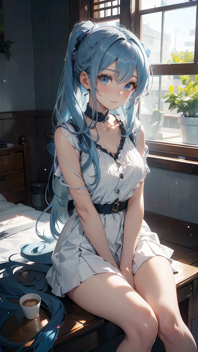 Character Details:, - Gender: 1 Girl. - Style: Anime, - Body Type: Attractive body, slim body, nice legs, slim tights, nice arms, nice shoulders. - Breast: (Small Breast:1.2), Cleavage, (Nipple). - Facial Feature: Beautiful, Gorgeous, Young. - Expression: Shy, (Horny:1.4), Pink Blush on Face, Sexy Eyes, Sexy Look, (Sweating:1.4), Innocent Look, Tipsy. - Hairstyle: Blunt Bangs, Long Hair, Light Blue Hair - Clothing: (Sweater:1.5), (off-shoulder:1.6), (Stocking:1.4). - Body Pose: (Arched Back). - Behaviour: Waiting, Want Something, Secretly. - Accessories: Earrings., Environmental Details:, - Setting: Bed Room., - Lighting: Natural Light, - Decoration: Modern Bed, Chair, Window, White Curtain, City View. Top view. pov, anime style, UHD, retina, masterpiece, accurate, anatomically correct, textured.