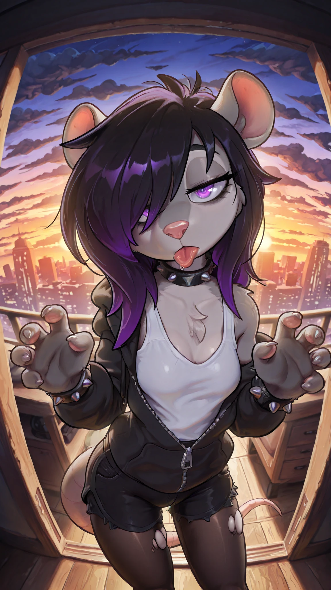 masterpiece, best quality, amazing quality, very aesthetic, high resolution, ultra-detailed, absurdres, newest, scenery, 1girl, possum, furry female, purple eyes, black hair (purple highlights), messy hair, long hair, (19-year-old girl), closed mouth, looking at the viewer, tail, small breasts, thighs, hips, black pantyhose, torn pantyhose, black shorts, black hoodie, (unzipped hoodie), baggy hoodie, single off shoulder, emo, ghotic, female focus, contrast lighting, side lighting, masterpiece, best quality, newest, absurdres, highres, amazing quality, very aesthetic, bedroom, cute eyes, no lineart, cinematic, dynamic angle, solo, sunset, ambient lighting, bedroom, spiked choker, spiked wristband, black eye shadow, half-closed eyes, bored expression, tounge out, hair over eye, baggy eyes, tired eyes, depressed, white sleeveless shirt, gray fur (black highlights), messy fur, furry clothes, from above, dutch angle, fisheye, contrapposto, legs apart, head tilt, hip tilt, twisted torso, leaning forward, w arms, claw pose, portrait, upper body, close-up, face focus, tounge out, city at the background, cloudy sky, two-tone fur (light gray fur), pink nose, indoors, frowning