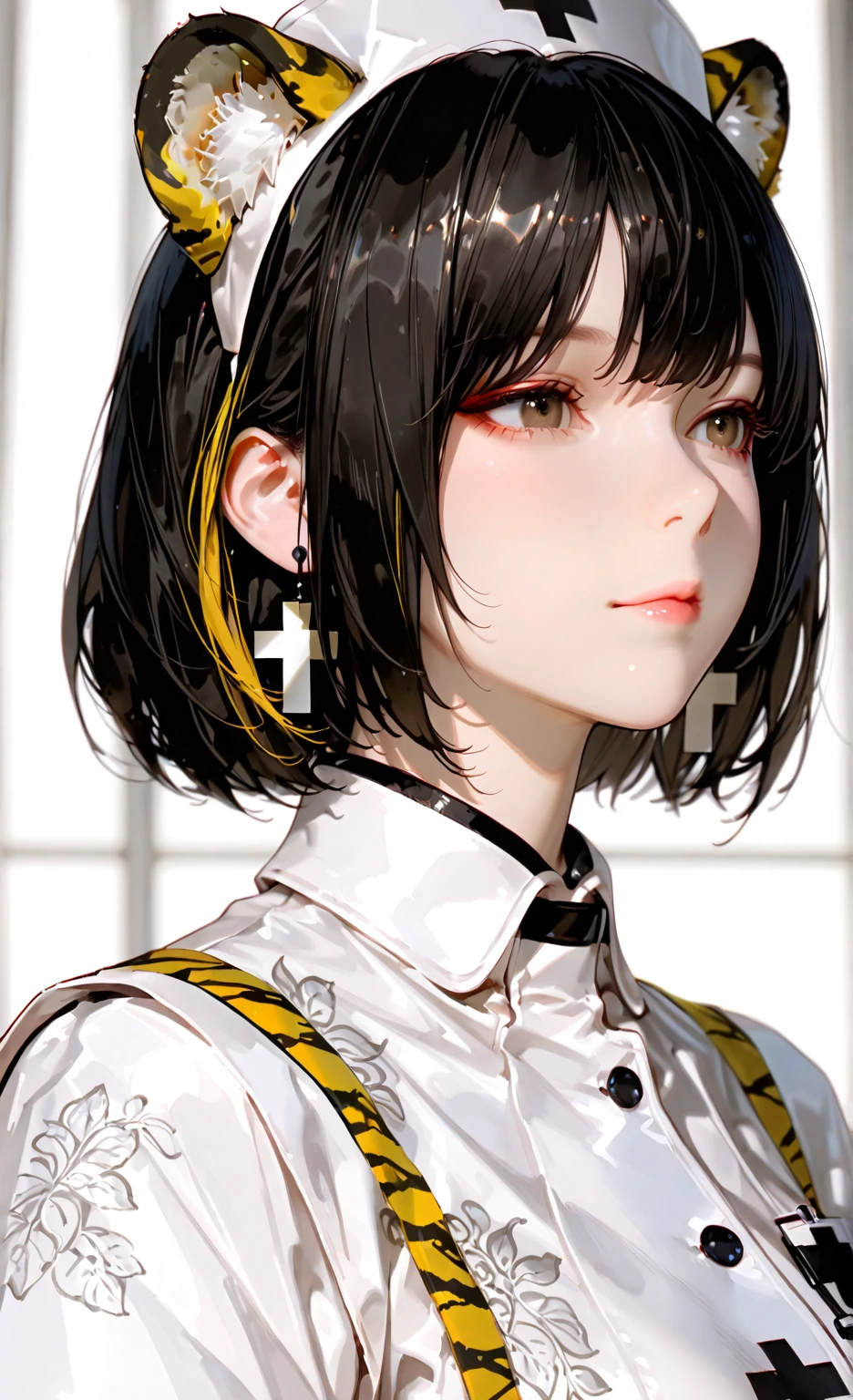 (（（Perfect body,White and tender skin,（（（Black strap dress, black long bow tie, white lining, black hat）））,（（（Kobeni Higashiyama, black hair, hair ornament, hairclip,  ponytail, short hair, (brown eyes:1.5),）））,((masterpiece)),highres,((Best quality at best)),masterpiece,quality,Best quality,(（（ Exquisite  features,Looking at the audience,There is light in the eyes,(（（frown，Wronged））），Scissorhands）））,（（（Light and shadow,Huge breasts,）））,（（（Looking at the camera,White background)））)