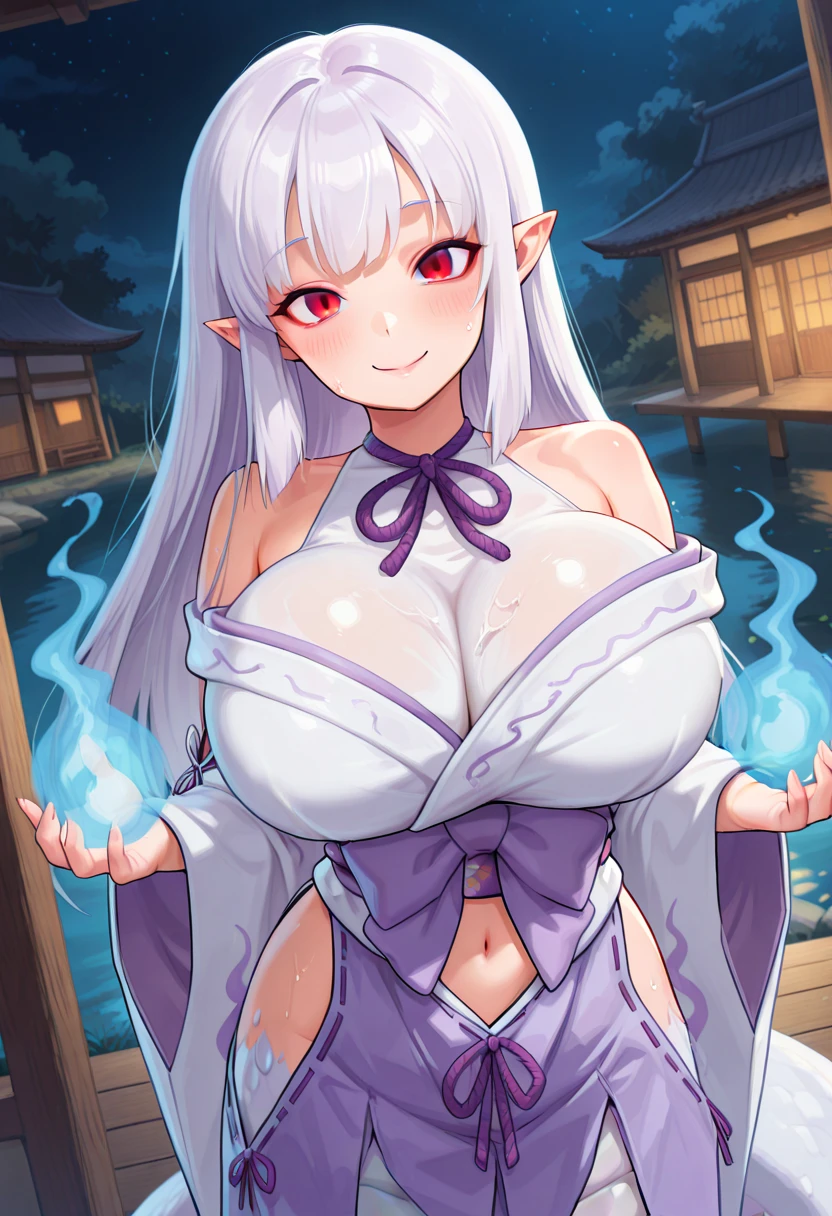 White Hair、Long Hair、Purple Eye、very, very big breasts、Nipples、breast milk squirting、Erect nipples、Yukata、No underwear、Face after climax、smile、Soaking wet、Peeing、Mole on upper chest、White mucus sprays from the tip of the nipple、No anal hair