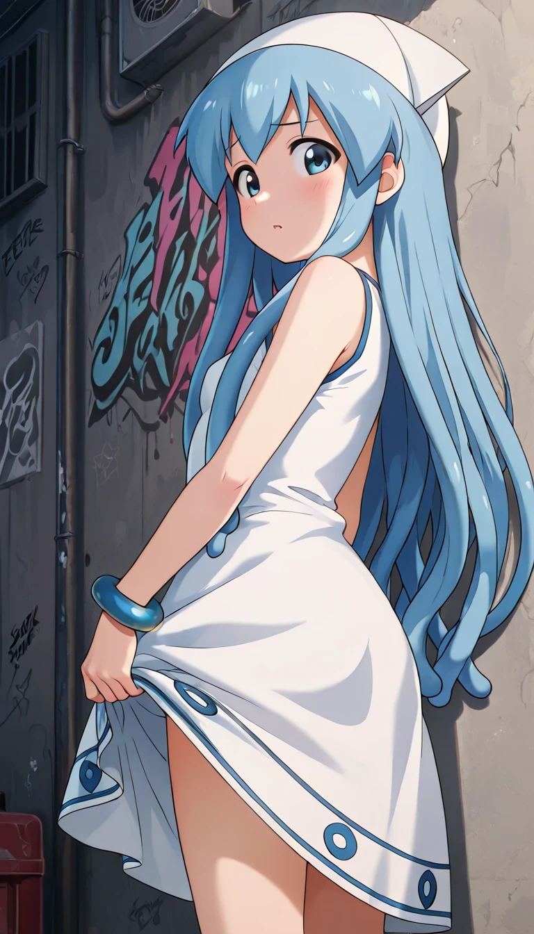newest, masterpiece, better quality, 4k,
interiores, very aesthetic, detailed background,
1girl, Alone,   Hair with , Ikamusum3, long hair, blue hair, tentacle hair, blue eyes, has, joyería, bracelet, Dress, graffiti alley , lifting her skirt showing 