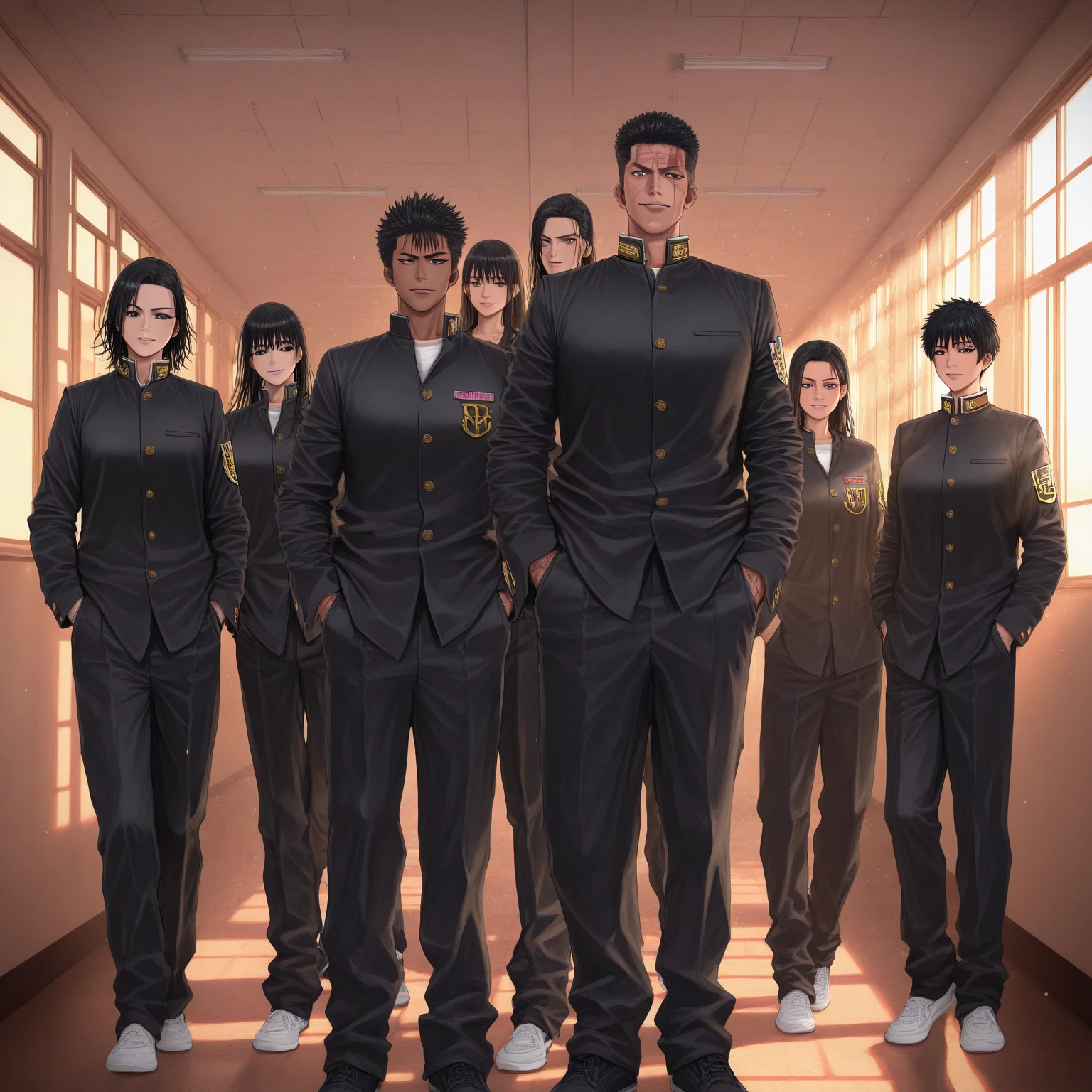 masterpiece, best quality,1boy,2girl,Girls wear school uniforms,Boys wear sportswear,
The man on the right squats,The left girl sits on the right boy's shoulder, serafuku,grin,brown eyes, long hair, black hair, on bed, pov,full body shot,outdoor,stadium