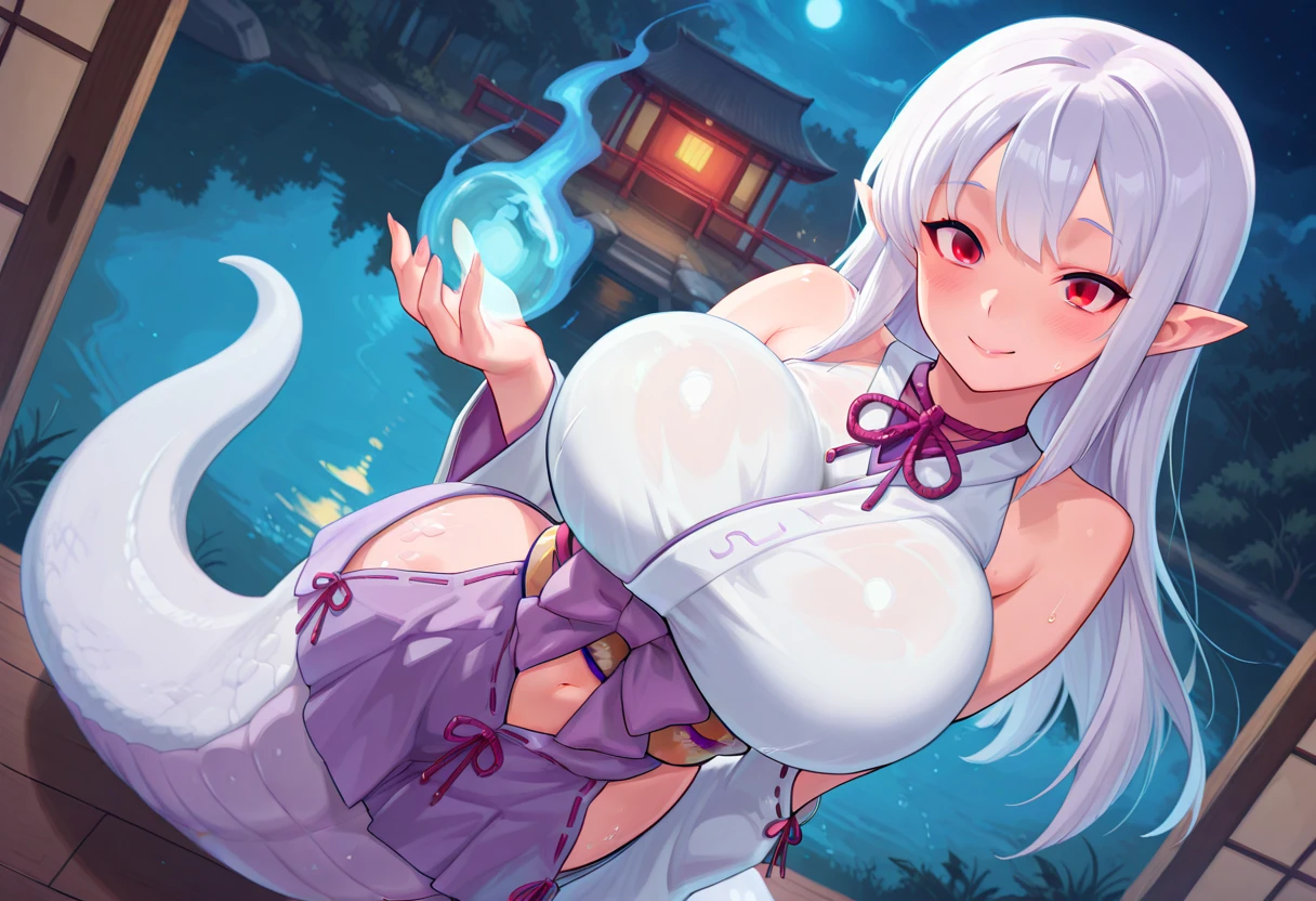 Masterpiece, detailed anime poster, Cute demon-girl, (((wide smile, with extremely detailed sharp shark-teeth in her mouth))), 1girl,solo,huge breasts, ghost costume , (hitodama) ,night, tombstone, graveyard,,, long sleeves, very long sleeves, , ghost, pale skin,, off shoulder, cleavage, no bra, extremely long white hair, sitting on tombstone, bare legs, shredded tattered clothes, curvy wide hips, massive breasts, chubby thighs, beautiful pink anime eyes,  japanese temple,