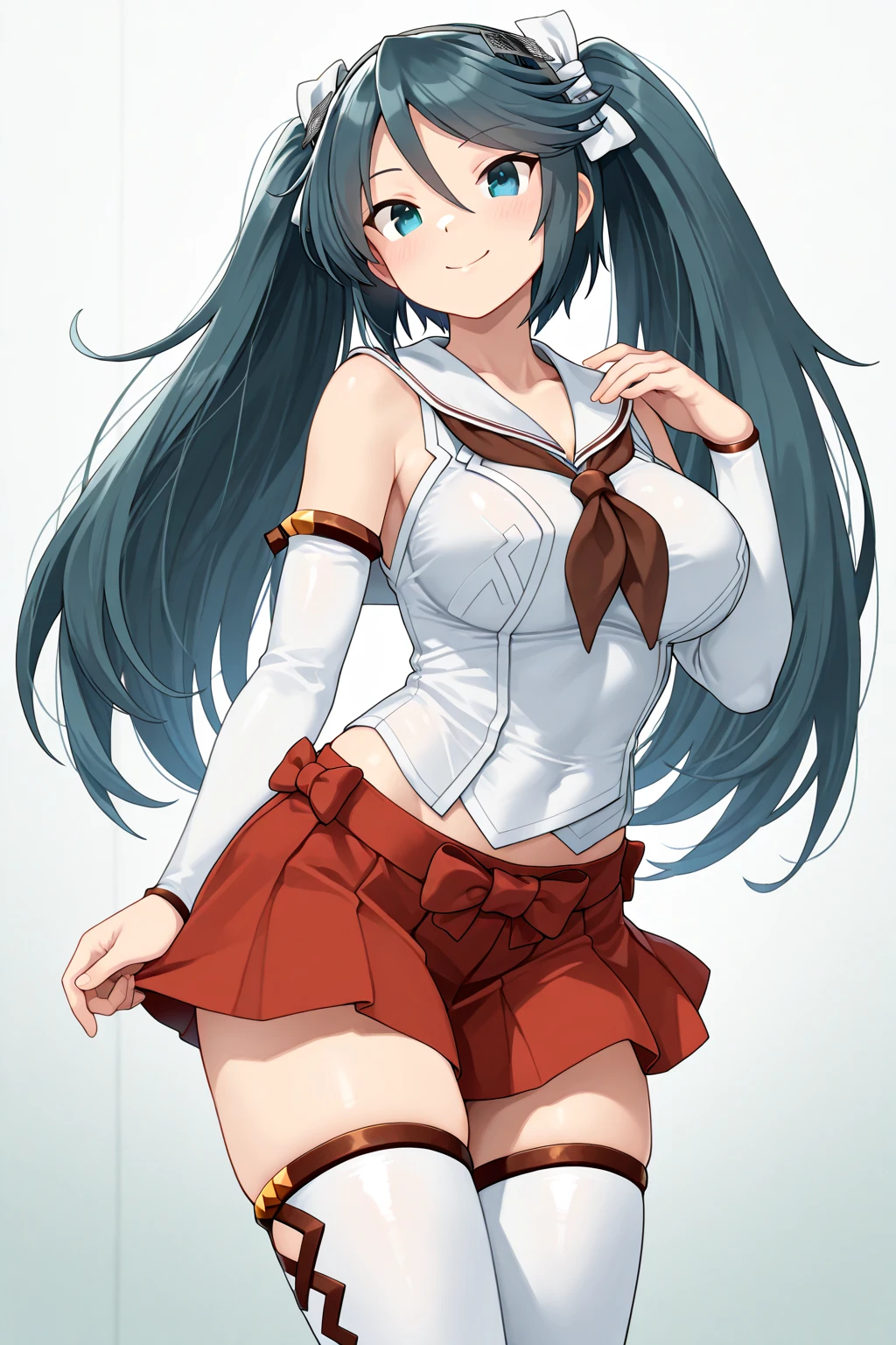 all realistic intricate details, masterpiece, best quality, highres, rem1, 1girl, solo, rem \(re:zero\), blue hair, short hair, red eyes, hair over one eye, ribbon trim, hair ribbon, x hair ornament, frills, crop top white, denim shorts,medium breasts, cleavage, sedection pose , hair flower, outdoor, standing, smile, perfect background, perfect light