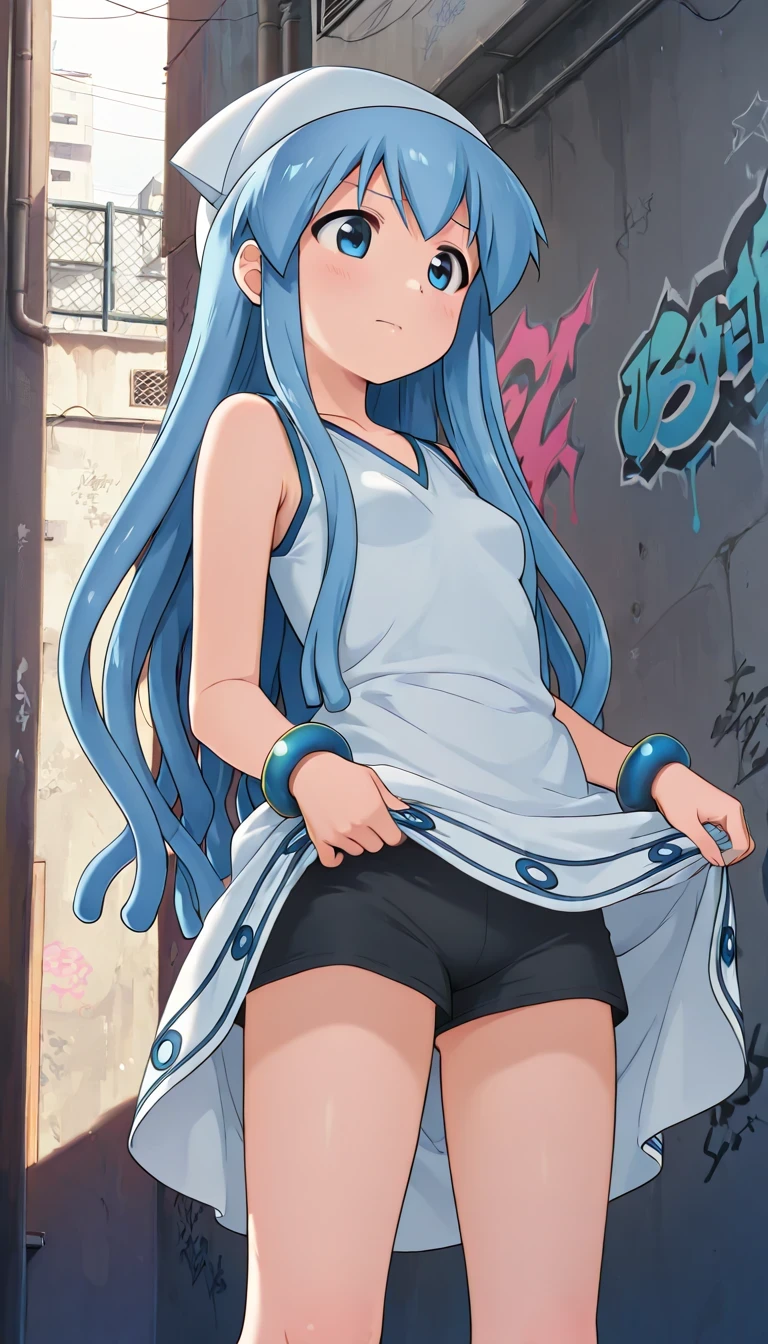 newest, masterpiece, better quality, 4k,
interiores, very aesthetic, detailed background,
1girl, Alone, Hair with , Ikamusum3, long hair, blue hair, tentacle hair, blue eyes, has, joyería, bracelet, Dress, graffiti alley , lifting her skirt showing off his asymmetrical black boxers