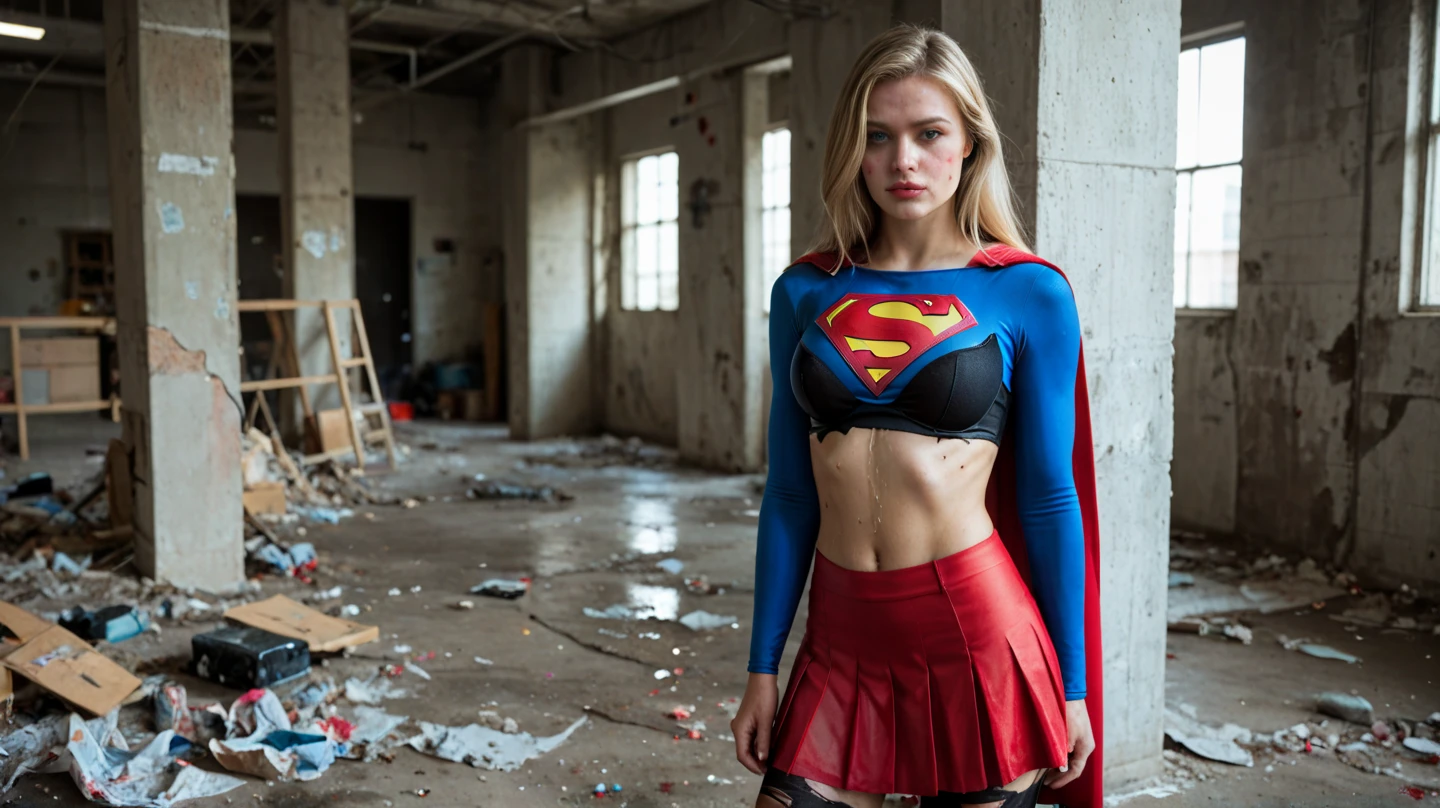 8k, best quality, real picture, intricate details, ultra-detailed, ultra highres, depth field,(photorealistic,realistic:1.2),masterpiece,photo of  european girl, supergirl, (bruise, dirty, torn clothes, revealing clothes, blood:1.3), blue eyes, blonde hair, long hair, ripped cape, ripped pantyhose, superhero, solo, sun, blue sky,
best quality, realistic, photorealistic, (intricate details:1.2), (delicate detailed), (cinematic light), clear line, sharp focus, realistic face, detailed face,
unity 8k wallpaper, ultra high res, (photorealistic:1.4), looking at viewer