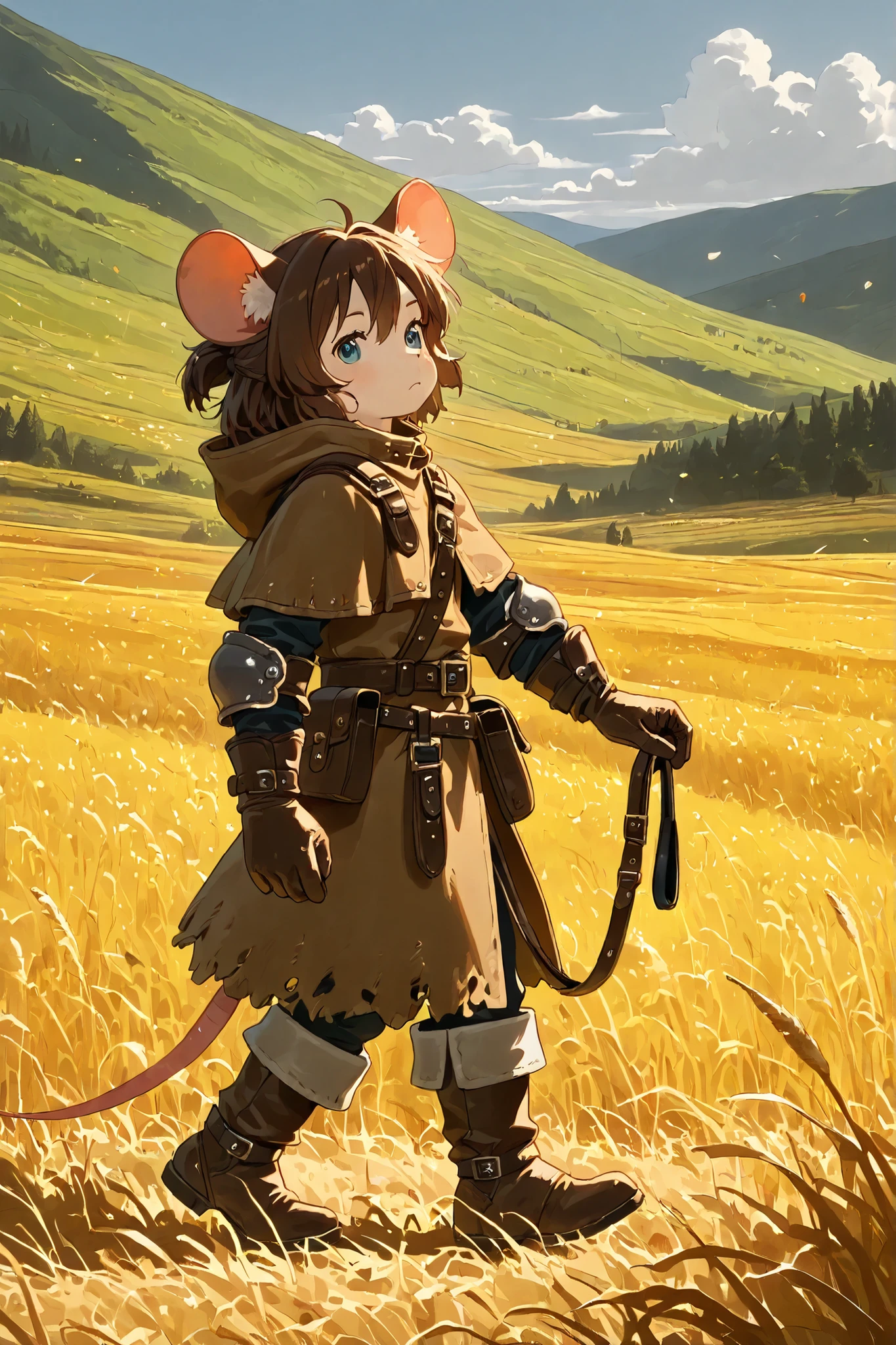 solo, animal  girl, mouse girl, dark brown hair, coy face, fantasy cheap wear, brown  hood, holding leather bridle, country road background,