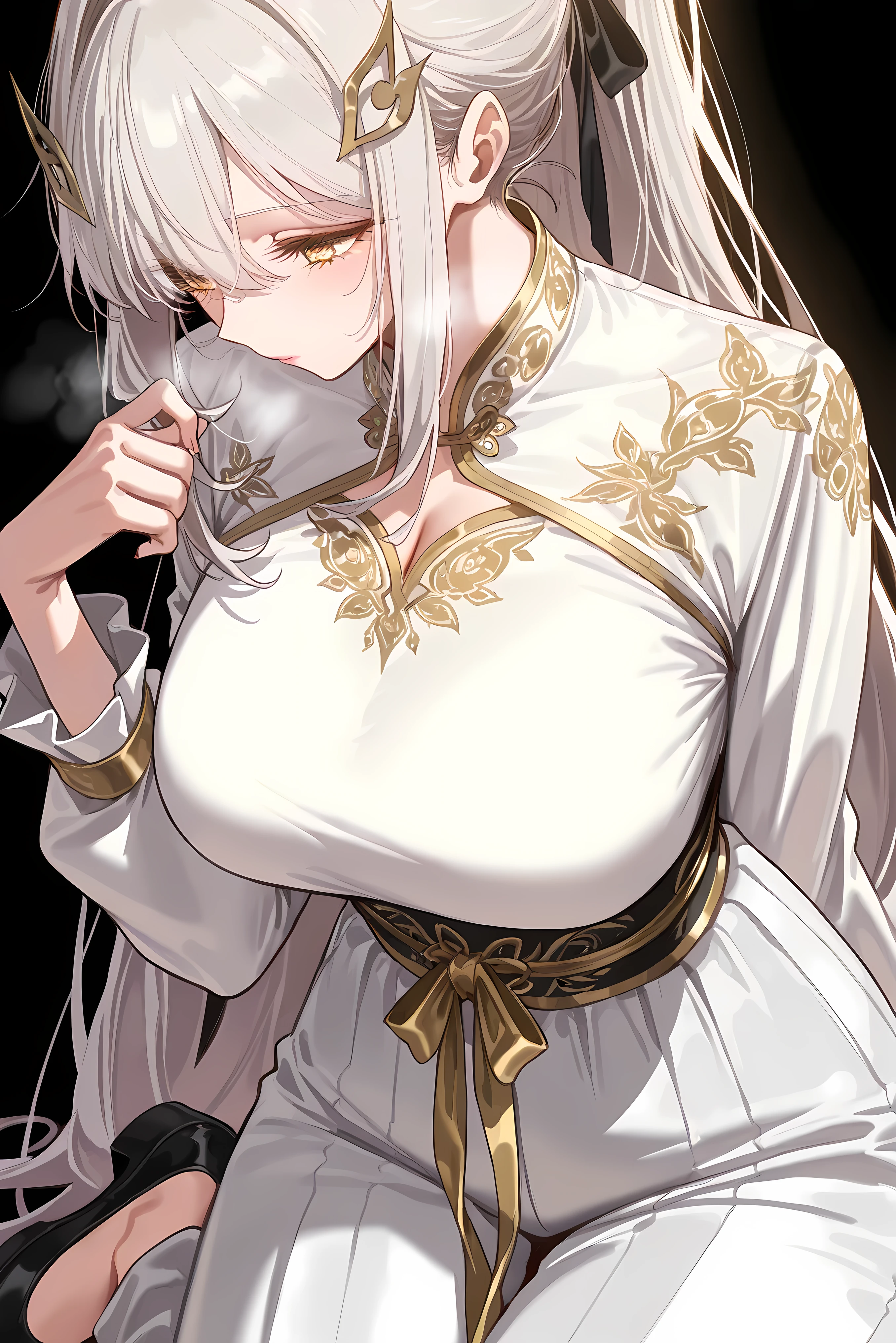 score_9, score_8_up, score_7_up, masterpiece, best quality, very aesthetic, absurdres, tunning image, attractive image, 1girl, adult grown woman, solo, RonovaGI, 1girl, solo, curvy body, pale skin, white hair, long hair, hair clips, bangs, thick hair, golden eyes, flower-shaped pupils, pink lips, hair ornament, large breast, heavy breathing, masterpiece,best quality,amazing quality, ero404, 5 fingers, simple background, black background, alternate costume, modern hanfu suit, black and gold embroidery, dragon motif, cropped jacket, long sleeves, high-waisted pants, flared trousers, elegant trim, oriental details, long silver hair, tied ribbon ponytail, sharp contrast, platform shoes, fantasy fashion, sleek tailoring, sophisticated style