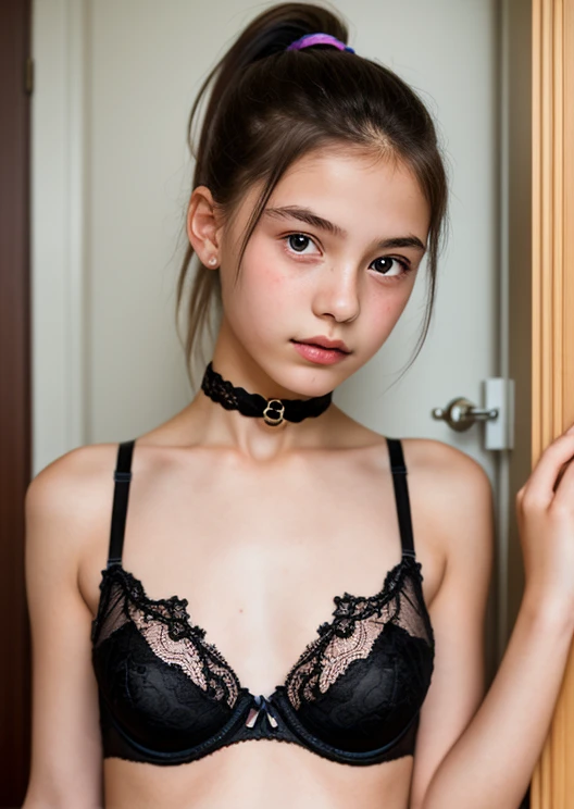 (((PINK COLOUR))), (((SAD FACE EXPRESSION:1)), ((NECK LACE RIBBON)), ((GOTHIC BLACK EYELASHES & LIPS)), ((NAKED BLACK LIPS)), ((BUN HAIRSTYLE)), adorable, 1 girl, (face to face), 10 years old, baby face, happy, half body portrait, (face details: 1), (eye details: 1), ((tiny breasts)). ((croptank latch leopard pattern)), ((net stockings)), lingerie ((red lips)), view from lie down, WELCOME TO THE MOON