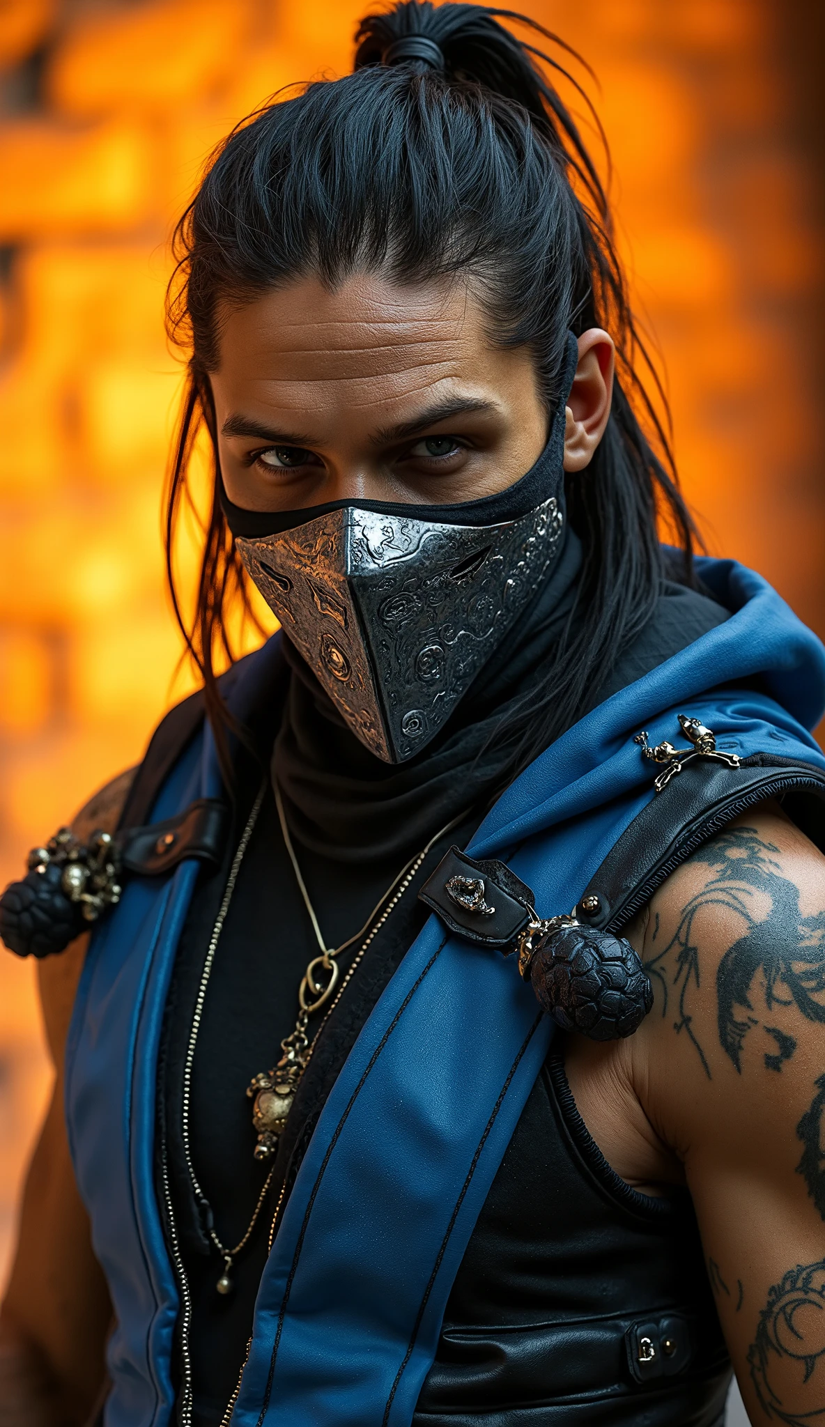 Ultra-realistic 8K cinematic render of Sub-Zero from Mortal Kombat, young warrior with long black hair tied back, wearing a detailed metallic silver mask with intricate engravings, intense gaze, dressed in traditional blue ninja armor with black accents and padded textures, highly detailed fabric folds and leather straps, dramatic lighting reflecting on the metal mask, warm orange background with subtle stone wall texture, realistic shadows, sharp focus.
