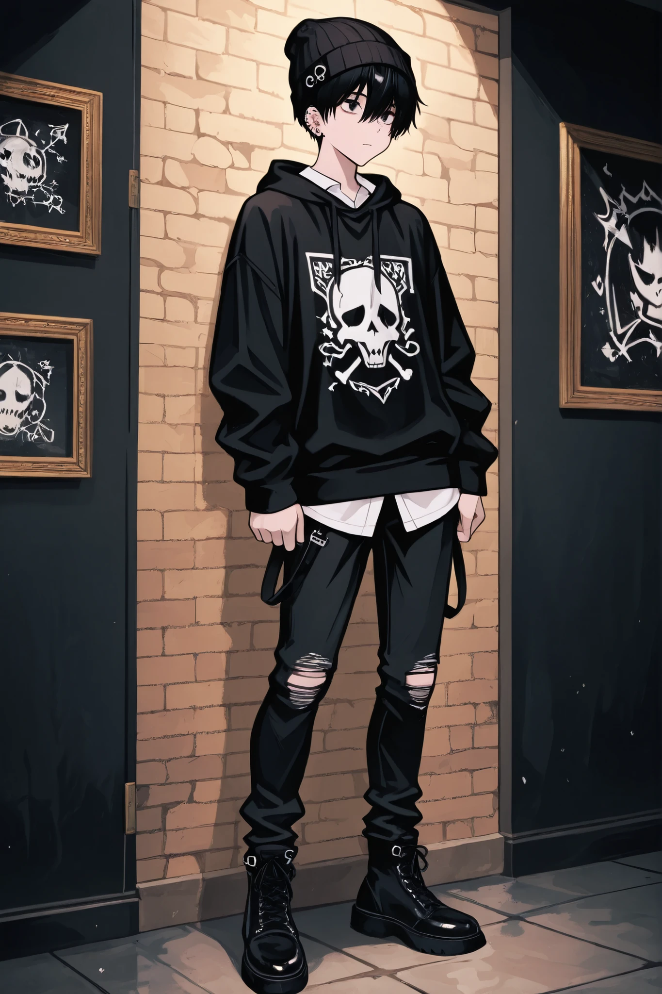 1boy, male focus, gothic male, black hair, piercings, beanie, masterpiece, best quality,absurdres , digital art style, drawn aesthetic, concept painting, ultrahigh definition,masterpiece, best quality, amazing quality, newest, very aesthetic,