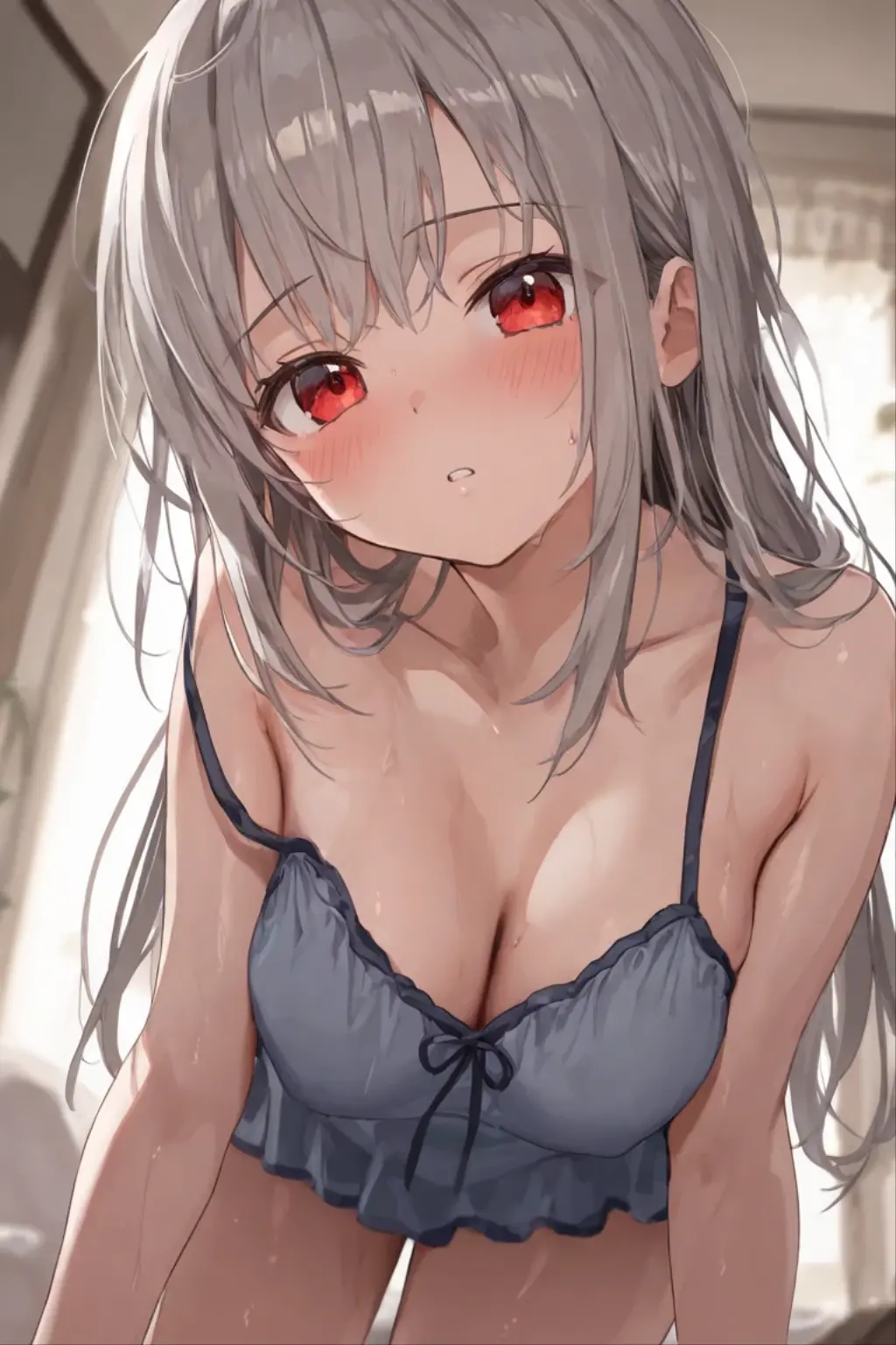 masterpiece, best quality, ultra-high-detailed, Disgusted face, white hair, red eyes, sigtuna julie, looking to viewer, deep eyes, glare eyes, bare shoulder, focus to armpit, upper body, one arm up, one arm behind head, armpit crease, eyeshadow, underwire bra, open front bra , cynical look eyes, fit girl, arm shot, steamy, furious , Warm body, hot body, A lot sweat , more sweat, hot temperature, sweating, Sweated a lot, warm room, bare shoulder,, in room, wet, muscular , slim body, fit body , ABS, midrifft, navel, near camera, so close, showing armpit , shaded face, armpit shot, few small breast , ABS , sixpack , upper shot, tease, bra