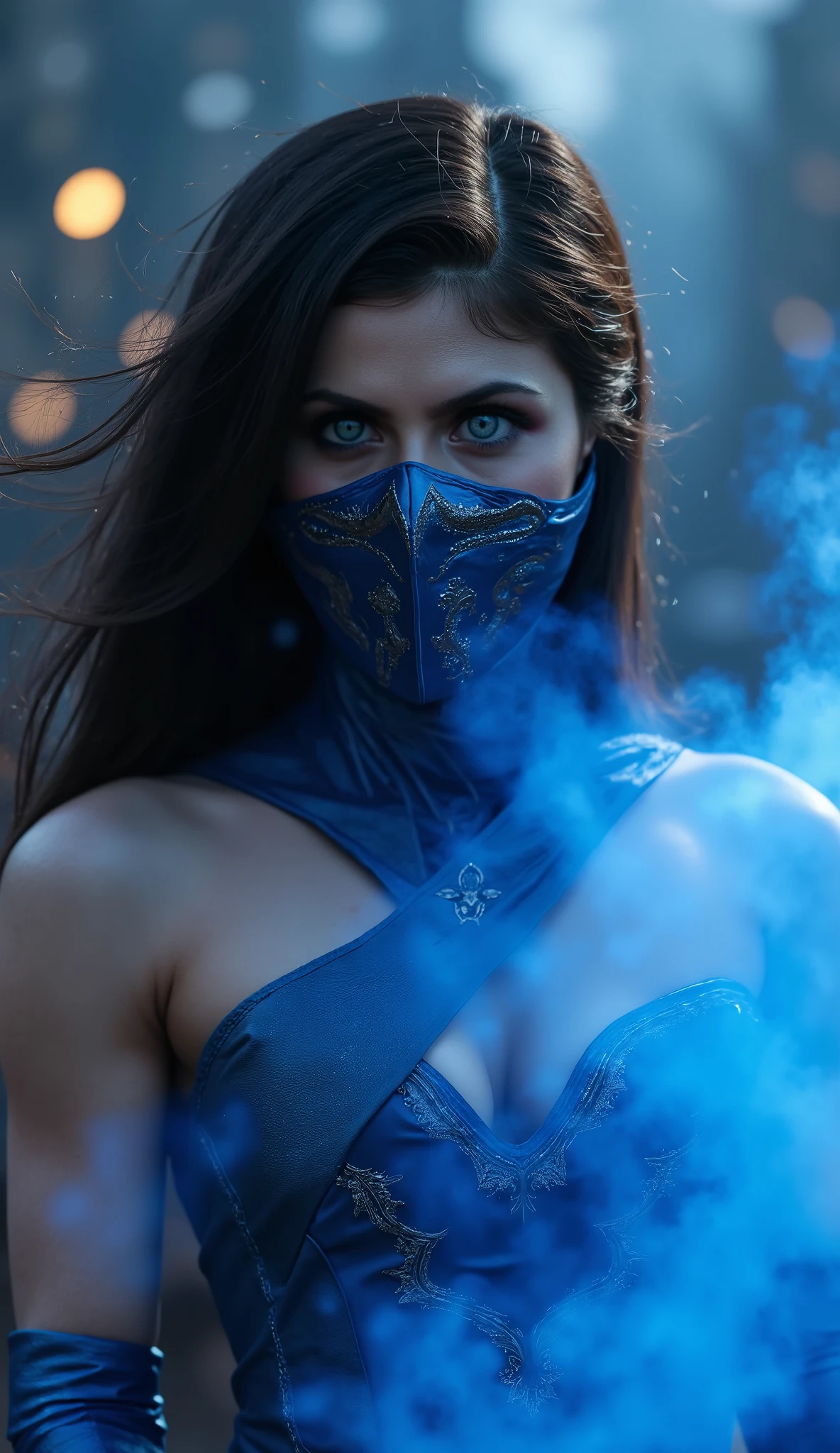 Ultra-realistic 8K cinematic close-up of Alexandra Daddario as Kitana from Mortal Kombat, extreme focus on her face, wearing a detailed metallic mask in shiny blue with subtle silver accents, fierce eyes visible through the mask, hair flowing dramatically with wind effect. Standing in an epic mystical arena with colossal ancient statues, glowing ruins, and a stormy dark sky. Blue ethereal smoke swirling intensely around her body, concentrating near her iconic steel fan, which glows with radiant blue energy and releases sparks of light. She wears elegant blue ninja armor with metallic details reflecting dramatic lighting. Dynamic battle stance, cinematic neon blue light illuminating her face and reflecting off the ground, creating a mysterious and powerful aura. Highly detailed textures, sharp focus on face and mask, epic scale, intense Mortal Kombat atmosphere.
