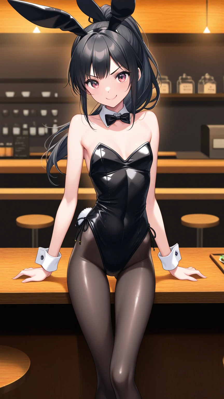masterpiece,best quality,highres,ultra-detailed,yotsuya miko,long hair,<lora:yotsuya_miko:0.7>, bent over, hand on hips, blush, embarrassed, behind a bar, bare shoulders, brown pantyhose, bowtie, rabbit ears, red bow, leotard, wrist cuffs, strapless, detached collar, fake animal ears, playboy bunny, red bowtie, leotard, strapless leotard, elbow gloves, , casino, cowboy shot