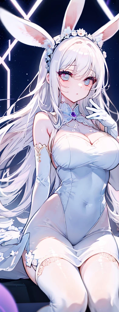 silber hair,butterflys,long whitr hair,white wedding gown,8k wallpaper,detailedbackground,Highest high resolution,deep v big breasts,Hair covers one eye,Bandeau wedding dress,chies,White rose,tight-fitting,