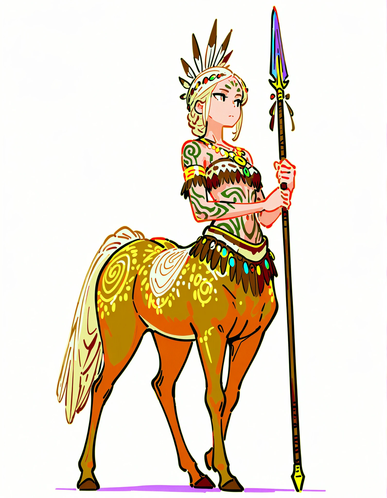 (((masterpiece))), (((Best Quality))), ((Ultra-detailed)), (anime Illustration), ((extremely delicate and beautiful)), solo, Full body, Fantasy race, female monsters, centaur lancer girl, pale gold short-braided hairstyles, spellbinding body tattoos, brown fur, ((held spear on both hands)), Native American folk costumes. daze stand, (thick legs) full body standing, Whole body, (((white background))) (dungeons and dragons)