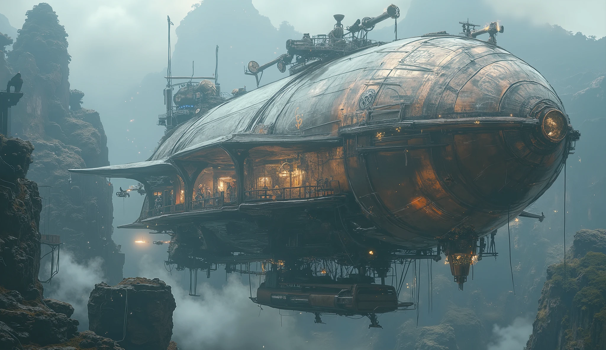 A steampunk-style airship. Soft pastel colors, ethereal lighting, fantasy concept art, 4K resolution, trending on Deviantart, delicate brushstrokes by Carne Griffiths, vibrant runic elements.