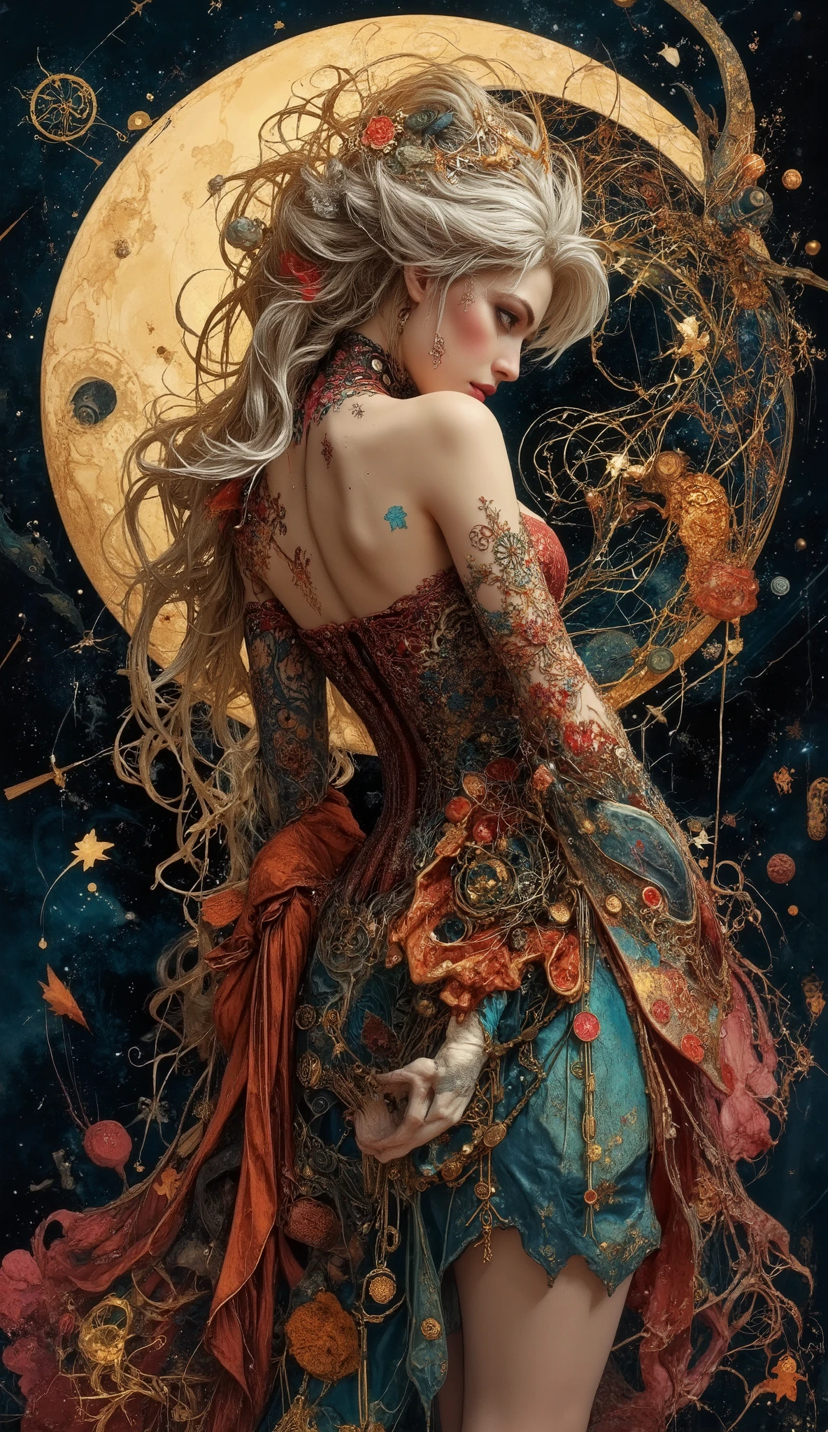 Ethereal 5 ft 2 in 19-year-old blonde entwined with a mercurial 6 foot Dream-touched lover - she with striking features (high Nordic cheekbones, full rose-pink lips, azure/gold heterochromatic eyes, refined aquiline nose), he manifesting as a darkly whimsical Mad Hatter figure (tall, lean, middle aged with silver hair but in his prime, aquiline otherworldly handsome) with constantly shifting features. His Victorian top hat dissolves into dreamsand and ravens, wild metallic silver hair streaked with impossible colors, mercury-bright eyes changing hue with each blink, sharp cheekbones that could cut glass, wicked smile full of stars. Dave McKean-inspired living tattoos flow between their intertwined bodies, Dream's ravens morphing across her porcelain skin while his impossibly dark shadow coat pattern bleeds into abstract nightmares. Her lithe dancer's physique (5'4", perfect 32F breasts) in a crimson and golden strapless corset dress with a short skirt contrasts his tall fluid form as he curves around her like living shadow. His gloved hands (fingertips trailing stardust) caress her platinum pixie cut while her French-manicured fingers clutch his ever-changing waistcoat. The Endless sigils float across her taut stomach as his pocket watch chains transform into Delirium's fish swimming between them. Her back arches against his chest where the Dreaming's gates open across her dimples. Their skin shows multiple illustration styles flowing together - her porcelain perfection meeting his ever-shifting watercolor essence. Mystical boudoir atmosphere with McKean's signature abstract elements, their forms caught between reality and dream, professional artistic style merging beauty with dark fantasy, extreme detail on both solid and ephemeral forms, 8k cinematic quality with surreal lighting, volumetric