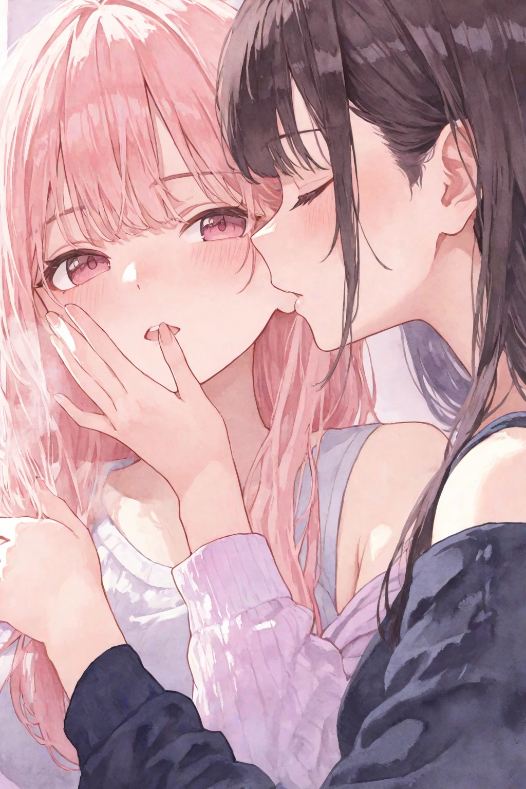 2girls, yuri, kissing, kiss, tongue kiss, tongue out, saliva on tongue, drooling, wet tongues, closeup