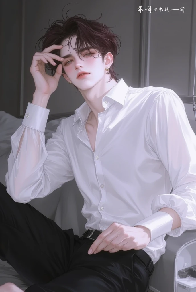 1boy, male_focus, solo, smile, realistic, own_hands_together, shirt, looking_at_viewer, long_sleeves, sweater, mole, collared_shirt, pants, teeth, white_shirt, brown_hair, mole_under_eye, short_hair, indoors, standing, black_hair