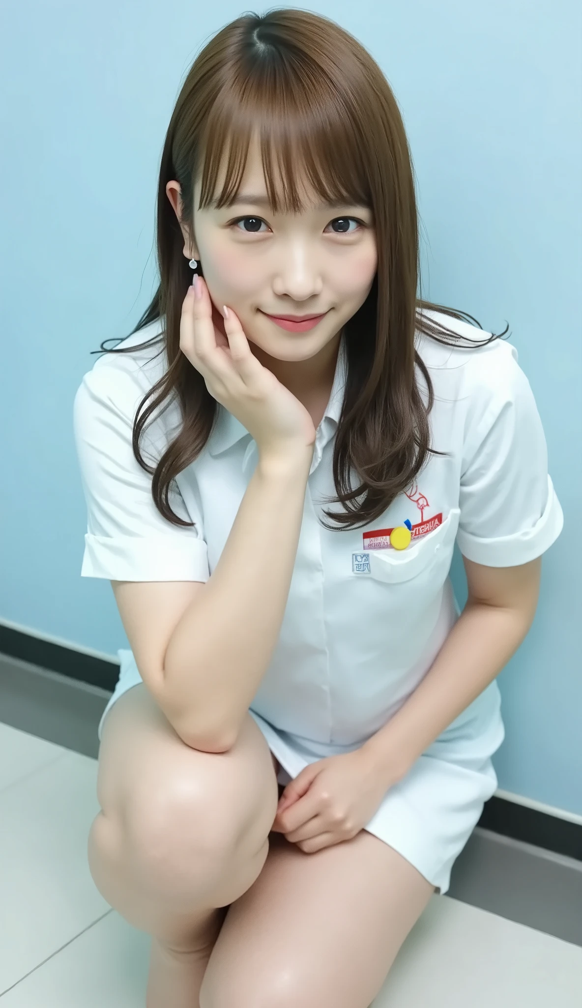 live-action、shot with a Canon EOS R5, 50mm lens, f/2.8 apertur、(masterpiece,best quality:1.4)、Highest Quality、ultra high definition、8k、Inside the hospital、 Examination Room、(undressing:1.3)、Crouching with one knee on the floor、gesture of crouching and taking notes in a notebook、Front Map、Full body photo、bold poses、Smiling Expression、dark brown hair、I have bangs、shoulder length hair、bangs pinned back、straight hair、with shiny hair 、((big boobs:1.5))、(Short-sleeved white nurse suit that fits the body:1.5)、miniskirt、(highlights the shape of large breasts:1.5)