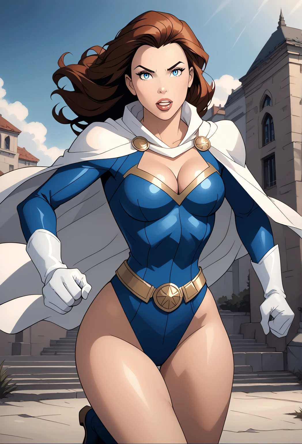 Gorgeous and sultry busty athletic (thin) brunette with sharp facial features and a (large nose) and (huge boobs) wearing a white and gold superhero leotard, blue cape, gloves, thigh-high boots