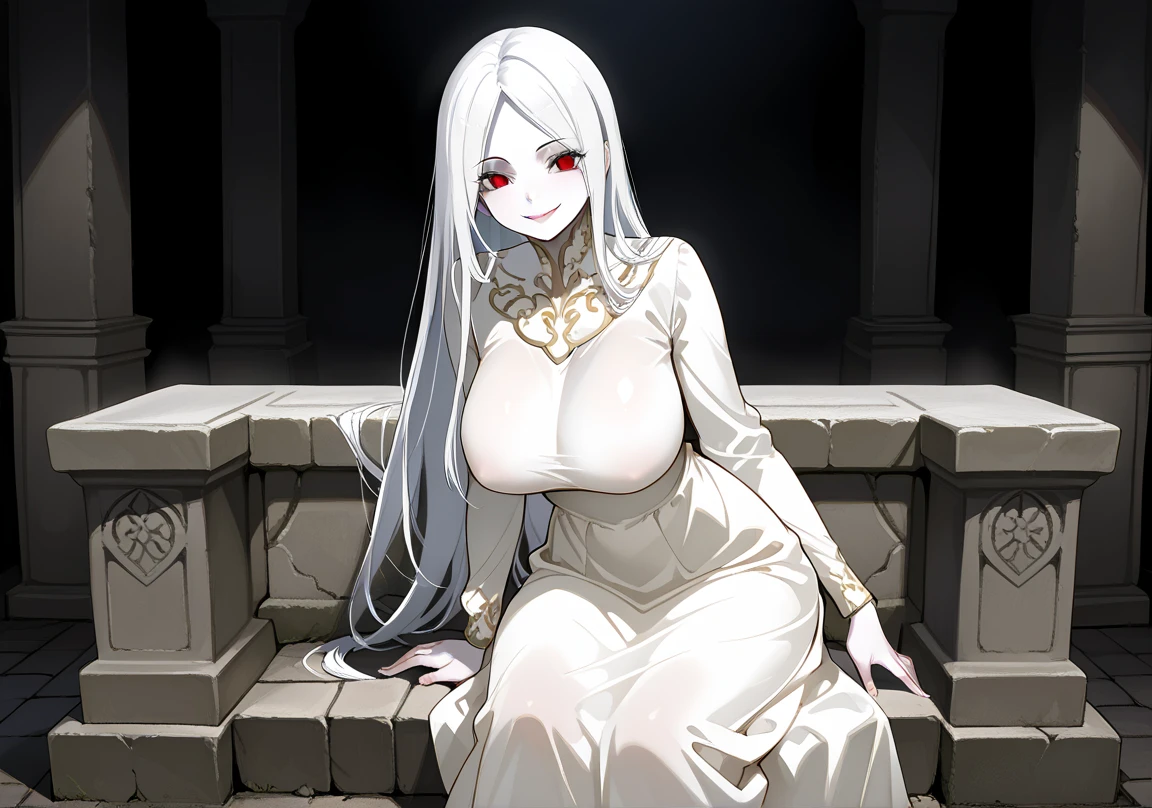 39-year-old woman, beautiful woman, gargoyle, long white hair, unadorned and loose hair, pale skin, cherry colored eyes, lilac lips, pointed ears, elegant Victorian white dress, Proud countenance, elegant smile, standing on a gothic cotillo