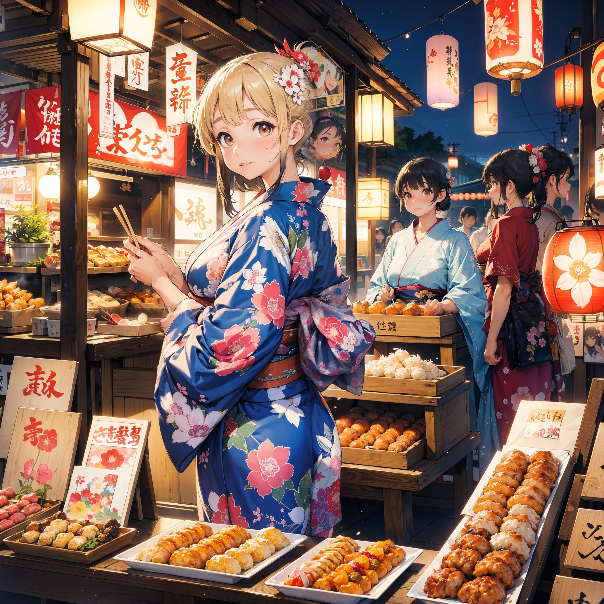A beautiful girl in a Japanese festival, wearing a yukata, shopping at a crowded stall, Delicious street food, ultra-detailed, highly intricate illustration, best quality, 16K, UHD, lively atmosphere, many people