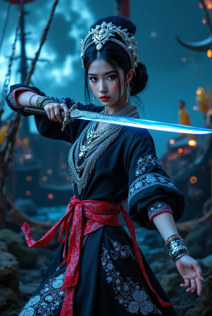 amazing,Solemn,tree々Spirit of the Forest,Full Body Standing Picture, slender beautiful woman, Asian Beauties, sling,green eyes,White pattern on the forehead, and muscular,A thin black ink of a snake drawn from the back to the left ,Short blackの坊主頭,The kimono on the upper body hangs from the belt {x} The kimono on the upper body hangs from the belt,black, red silver extra long kimono,The hem of the kimono flutters in the wind,Very Long Red Belt, Purple, silver,Bicolor Kimono with Japanese Sword on the Belt,青と白のamazingな反射光,River flow,Water Splash Dance