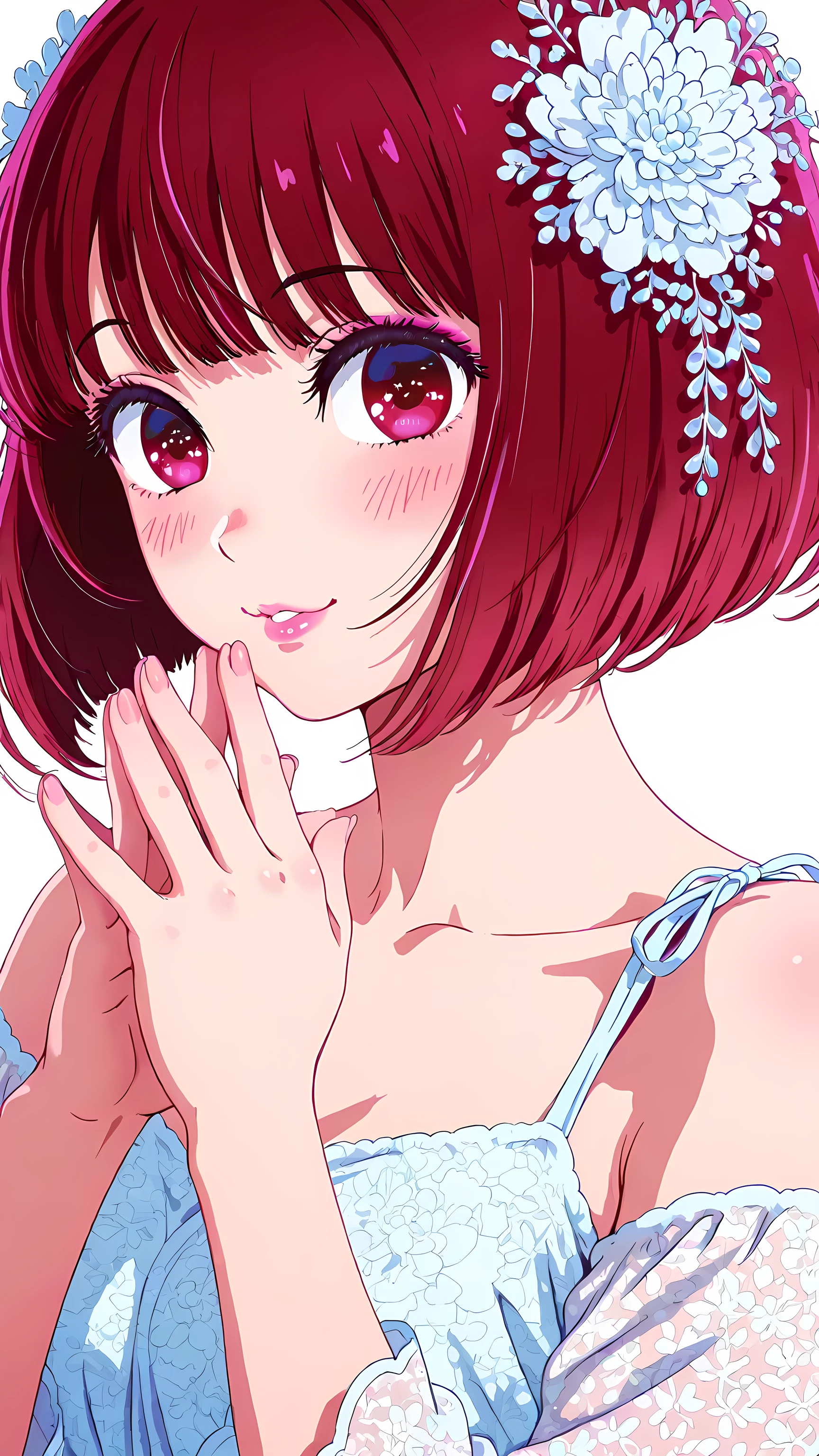 A 4K masterpiece, ultra-high resolution, 9:16 portrait, soft pastel color palette, delicate anime illustration.
Kana Arima from Oshi no Ko presents a romantic pastel aesthetic.
A medium close-up shows part of her shoulders and chest, with more context of the dress, a soft frontal angle, and soft, diffused lighting.
She poses with one hand touching her lips in a shy and flirtatious manner, with a playful wink, a subtle blush, and a dreamy expression.
She wears a romantic wrap dress with a delicate floral print, soft pastel hues combining pale greens, creams, and blush pinks, flowing, sheer sleeves with subtle floral prints, and a light, silky fabric with natural folds and translucency that catches the light.
Kana has short red hair that falls to the middle of her chin.
(Red hair)
(She has shoulder-length bangs: 1.0)
Large, expressive eyes with a warm red color.
(Perfect hands: 1.3)
(Detailed fingers: 1.2)
Pastel makeup with soft pink eyeshadow, defined lashes, and bright pink lips.
White background with no floating elements. Art style inspired by Ilya Kuvshinov and Tiv. Clean, fine lines, subtle shading, soft gradients, luminous skin, cinematic framing, highly detailed face and eyes, intricate hair strands, and photorealistic lighting effects.