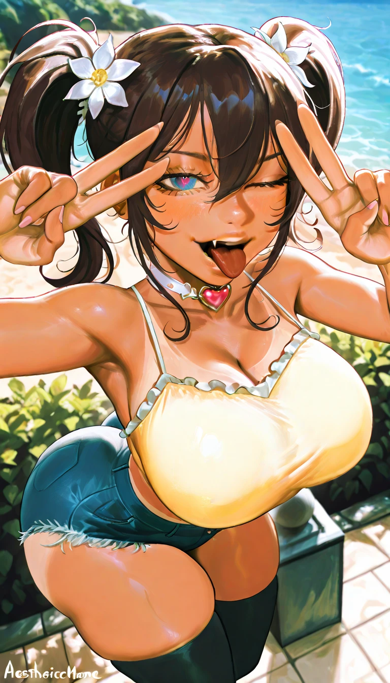 (masterpiece, 4K, Highest quality, anime style: 1.9, Detailed face, Lovely, Ocean,bold, High resolution, anime, Lake 4. alone, Curvaceous, smile, Please open your mouth wide, Very slim belly, Cowboy Shot, 1 Girl,,(Cow print micro bikini)Danganronpa,Tea leaf roller,Black Hair,((Big Breasts))
