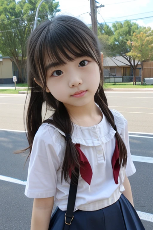 Japanese,Beautiful girl at 6 years old,Baby Face:1.85、Ultra-flat chest:1.85、Ultra short height、Innocent face,cute,Primary school students,Private elementary school,uniform,Summer clothes,Sitting、clavicle
