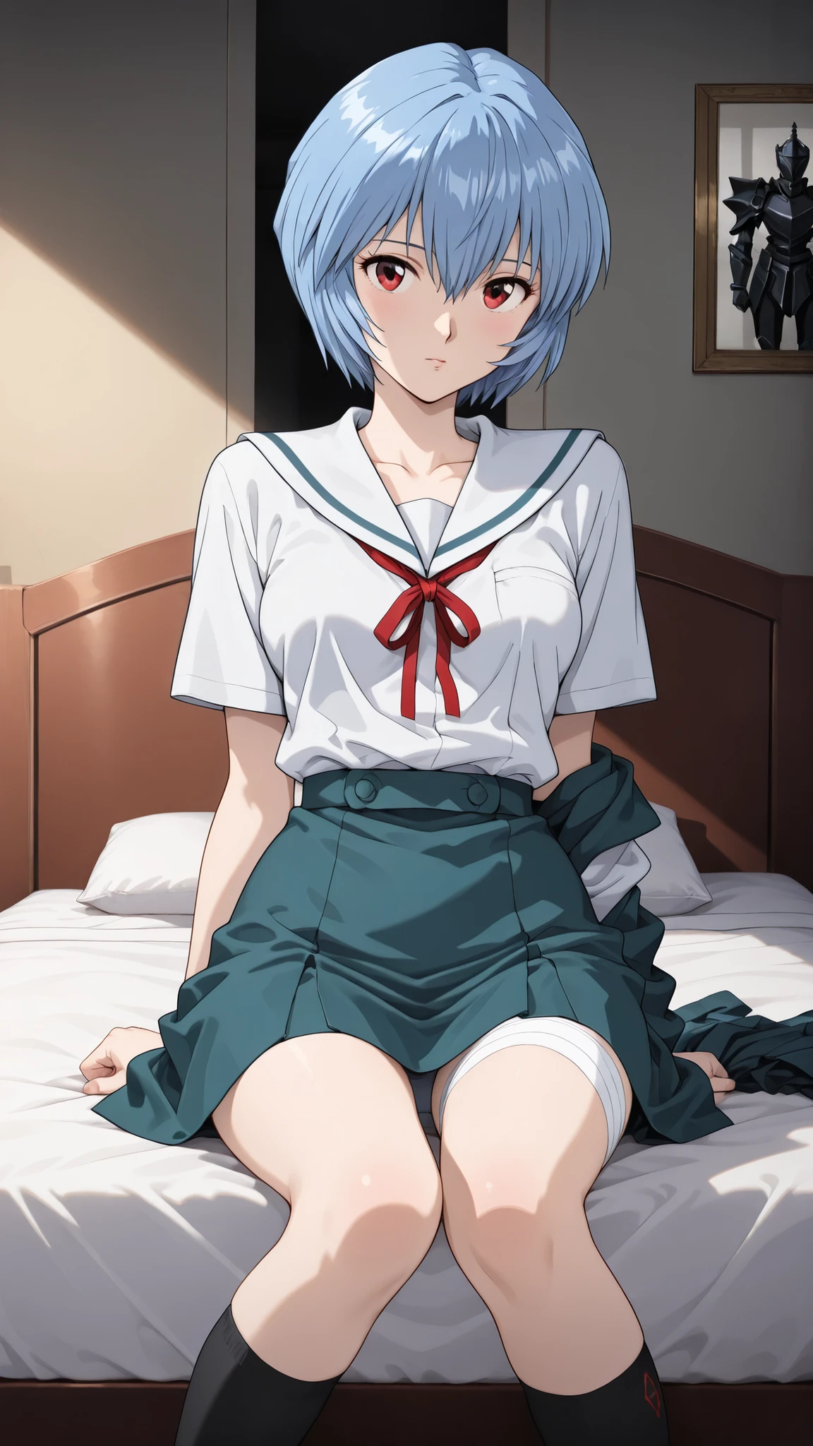 cinematic, (masterpiece), (Highest Quality), (Super Detailed), very aesthetic, Illustration, realistic Illustration, Perfect configuration, complicated details, ultra high definition, detailed face, (anime, masterpiece, complicated:1.3), (Highest Quality, high resolution texture, very detailed:1.2), (4K),(unbelievably detailed:1.4),DETAIL EYES, Real Shadow, 1girl,Ayanami Rei from below, (school uniform,bandage,)
bright room、sit on a chair、cross your legsいる、,moonlight,1980’s anime style, ,effect ,(show The Dark Knight:1.3)、sit on a chair、cross your legs、open 、cowgirl position, open legs, on bed、undressing、A woman is grabbed by the chest from behind by a man、lift up skirt、(undressing:1.5)