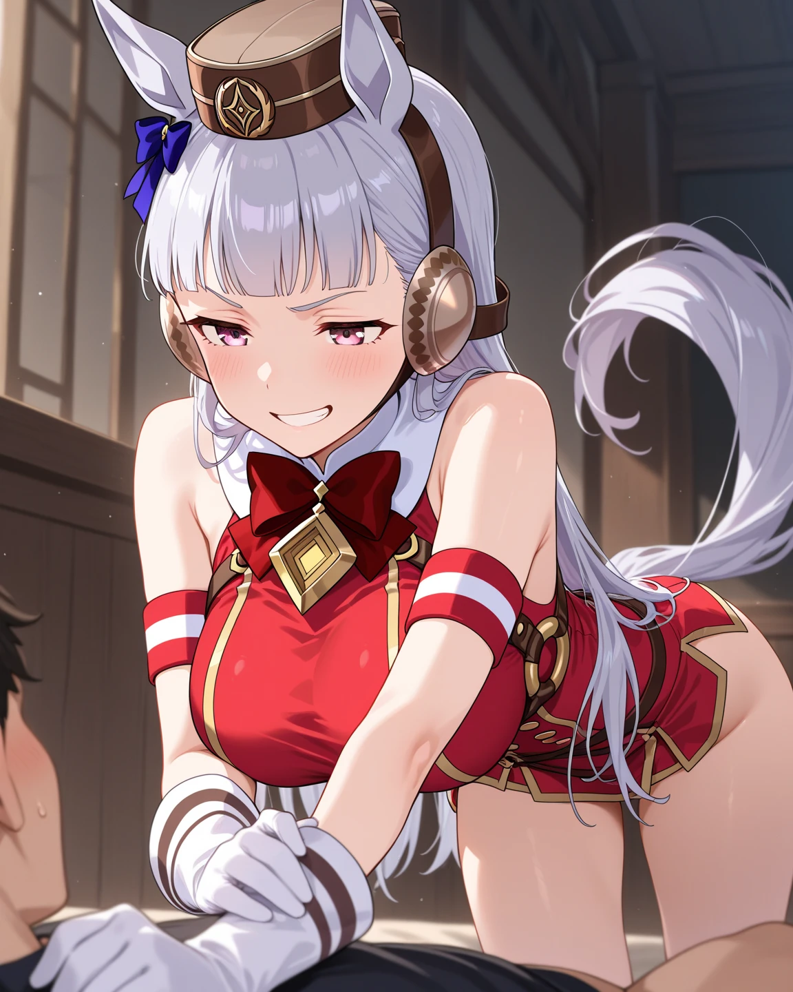 a picture, inspired by Kentaro Miura, trending on pixiv, gold ship from uma musume, golden raito, large)}], favorite scene, fine details, skins, sweating, big breasts, both hands raised, armpits, armpits visible, dripping with sweat, more more sweat, sweaty armpits, smile