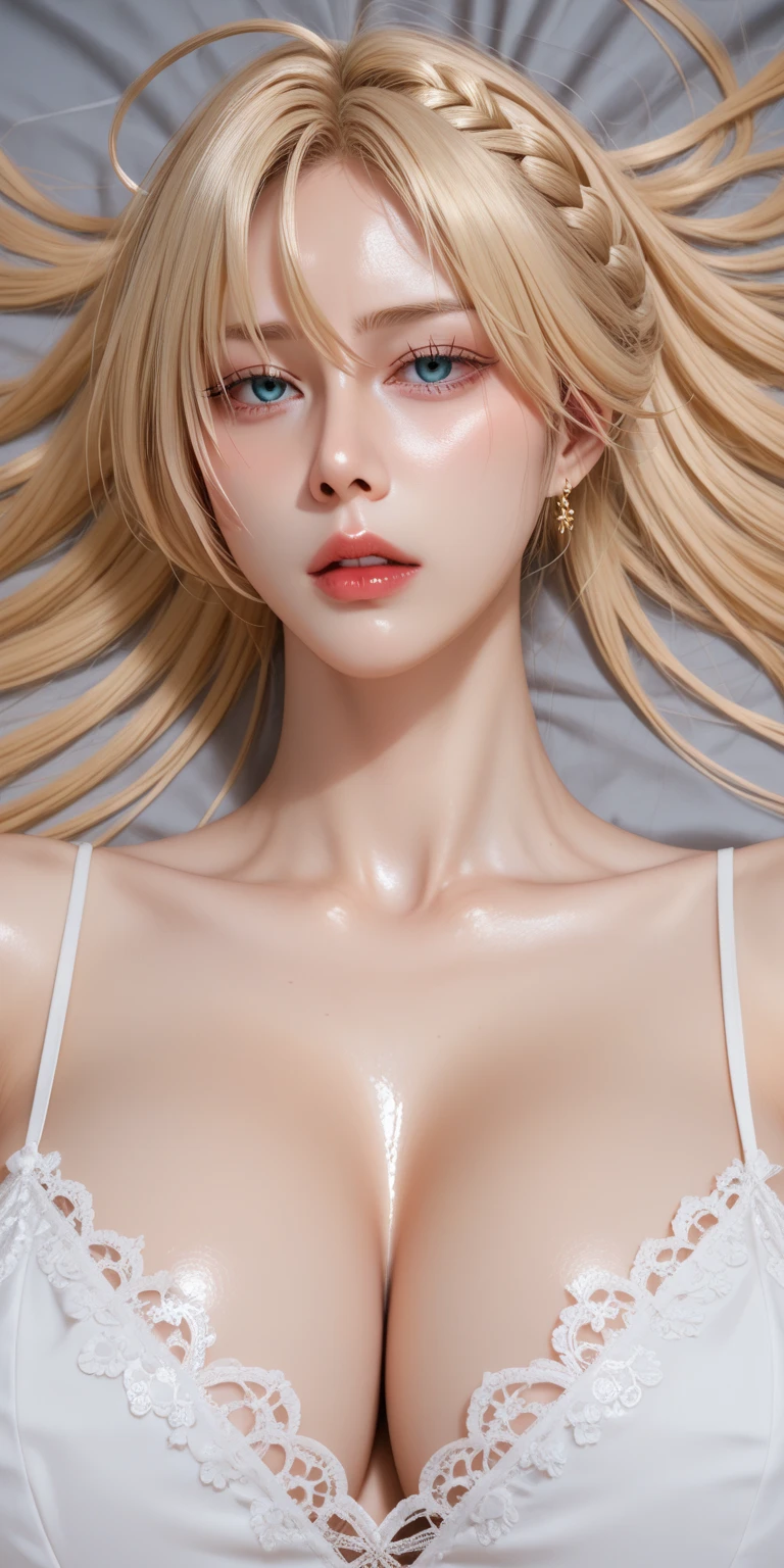 full hd 8k, Girl standing in front of a dark night scene, full moonlight reflecting on her beautiful face. Her long, silky hair was gently blown by the night wind, creating a gentle and romantic feeling. She is walking on a large beach. She looked up at the starry sky, as if searching for something, her eyes showing a pensive and lonely look. The full moon shines in the night sky creating a beautiful scene. The girl has long, strands of hair, Light blonde hair, a luxurious and noble beauty. The moonlight shines on the girl's delicate face, highlighting her large, round light brown eyes, creating a natural, gentle beauty. She wore a little sexyly black bikini to create a sexy beauty. Her plump breasts were exposed, revealing her plump and extremely sexy breasts. These images capture detailed panoramic portraits and views of the sky and sea. All create a beautiful, wonderful picture that makes people unable to take their eyes off the scene. All of these details are depicted clearly and sharply, creating sexyly poses,