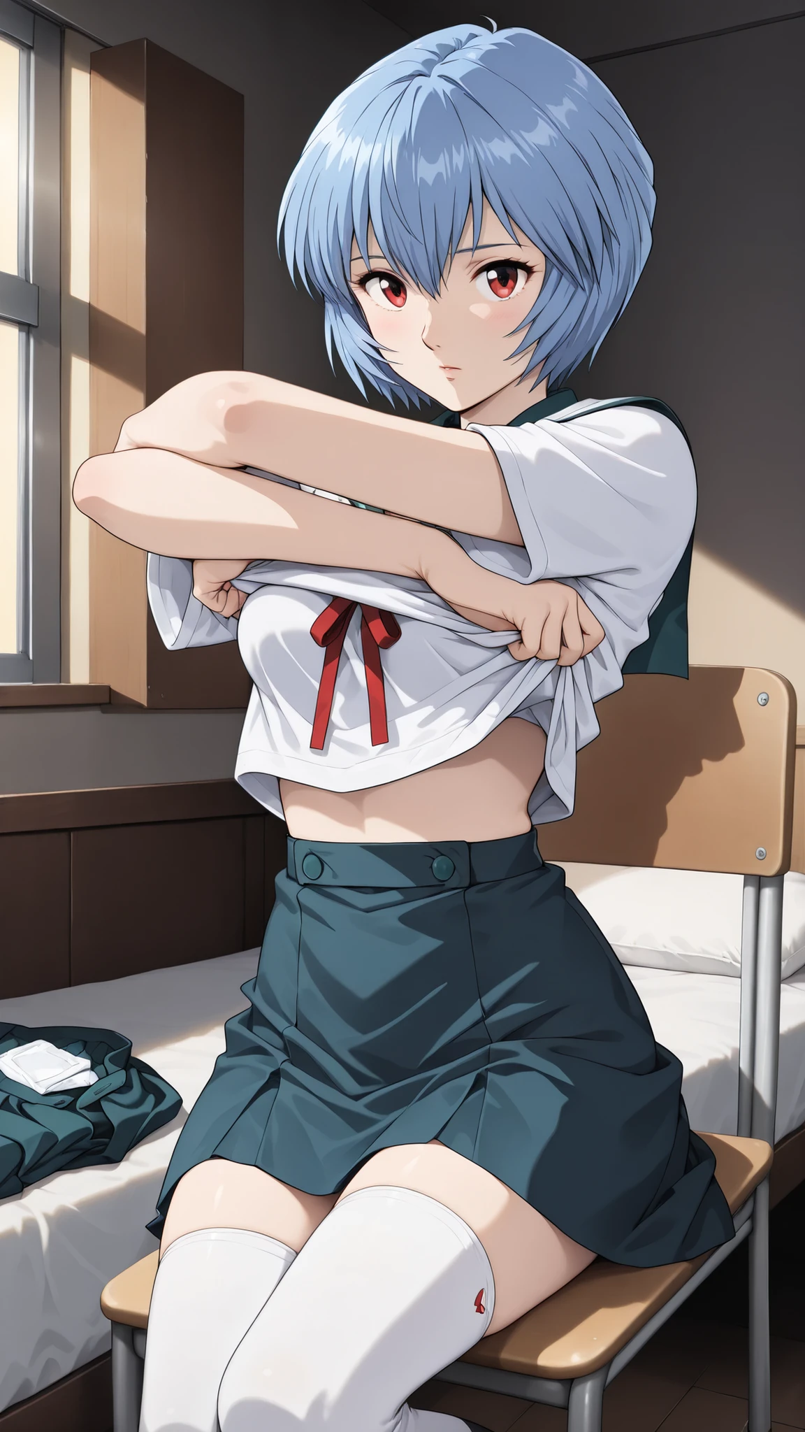 cinematic, (masterpiece), (Highest Quality), (Super Detailed), very aesthetic, Illustration, realistic Illustration, Perfect configuration, complicated details, ultra high definition, detailed face, (anime, masterpiece, complicated:1.3), (Highest Quality, high resolution texture, very detailed:1.2), (4K),(unbelievably detailed:1.4),DETAIL EYES,   Real Shadow,  1girl,Ayanami Rei from below, (school uniform,bandage,)
bright room、sit on a chair、cross your legsいる、,moonlight,1980’s anime style, ,effect ,(show The Dark Knight:1.3)、sit on a chair、cross your legs、open 、cowgirl position, open legs, on bed、undressing、A woman is grabbed by the chest from behind by a man、lift up skirt、(undressing:1.5)、zettai ryouiki