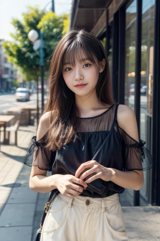(Highest quality), (High resolution), (Idol girl), Cute face, (Brown Hair), (Long Hair), Normal height, (Small breasts), (Very slim), (Black T-shirt), (Black ruffled ), Happy face, hugging a man in a suit, Underground carpark,