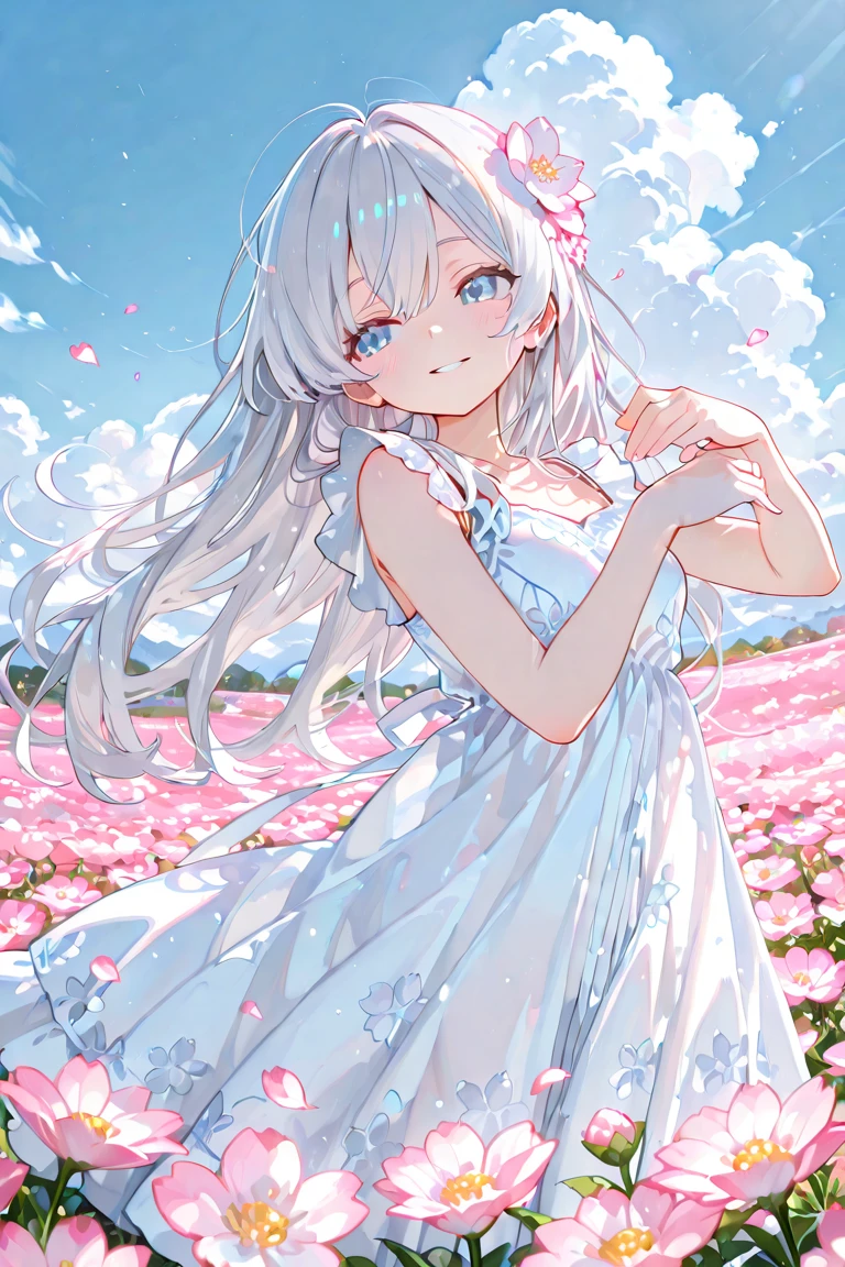 anime、pastel、Very young、child、6 years old、Very short、Open your mouth、Laugh out loud、Showing teeth、Double teeth、pastelホワイトの髪、Stray hair、Braided Short、Flower Hair Ornaments、fluffy ears、Dropped ears、Fluffy tail、azure blue eyes、Odd Eye、Cute eyes、Wide open eyes、Light in your eyes、Cheeky cheeks、Slender body、White dress、Floral Skirt、Skirt swaying、Put your arm out、(Thighs:1.3)、Cute Girlfriend、happy、really like、Frolic innocently、(Little:0.6)、run around、Flower Field