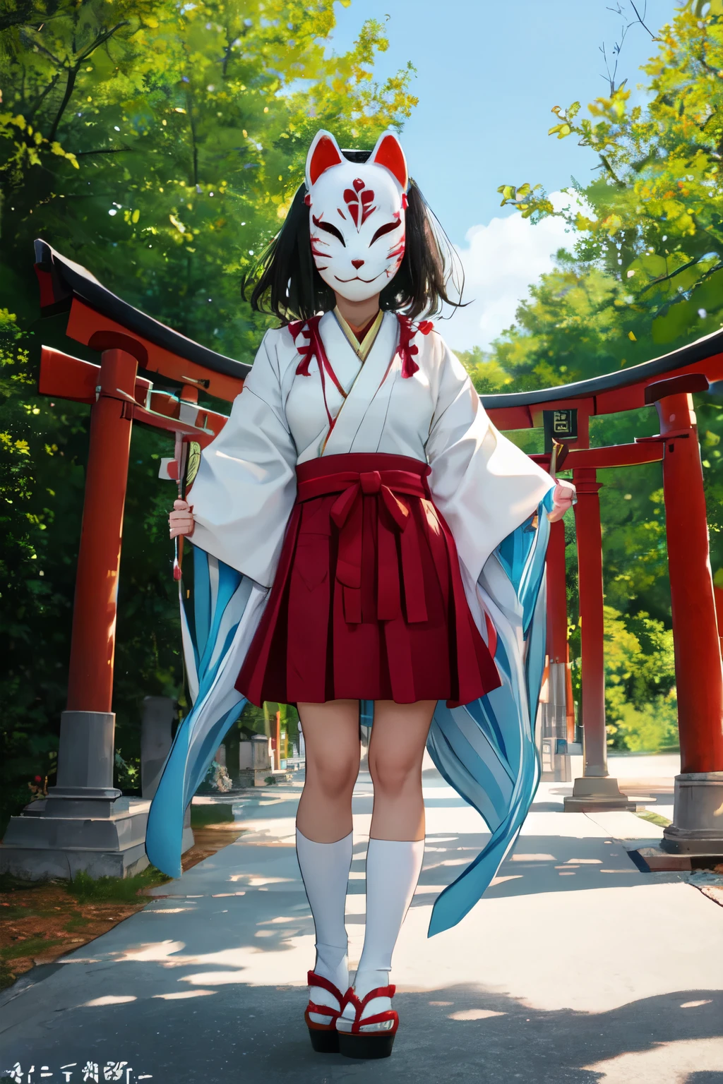 anbu,1girl,medium hair,black hair,standing,torii,solo,夏祭り、妖怪、着物
