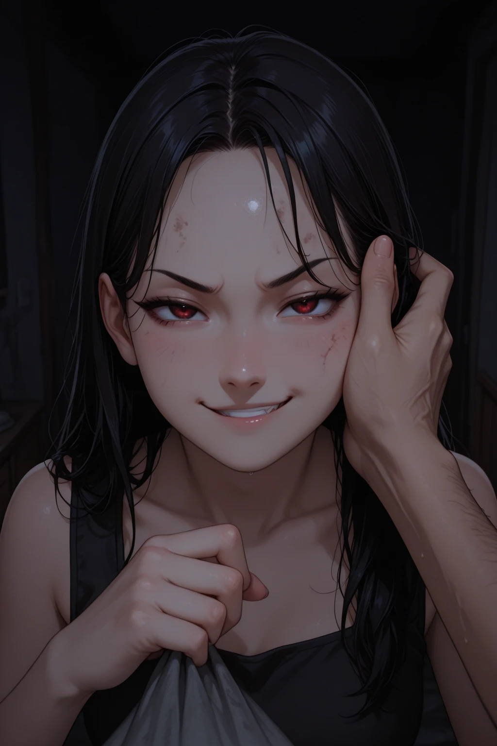masterpiece, zoom out, score_9, score_8_up, score_7_up, portrait, 1 girl, alone, black hair, long hair, long parted bangs, white eyes, black sclera, (blood tears, small smile), evil, parted lips, expressionless, , upper body, V-neck strap basic dress, black bottom, best quality, long split bangs.