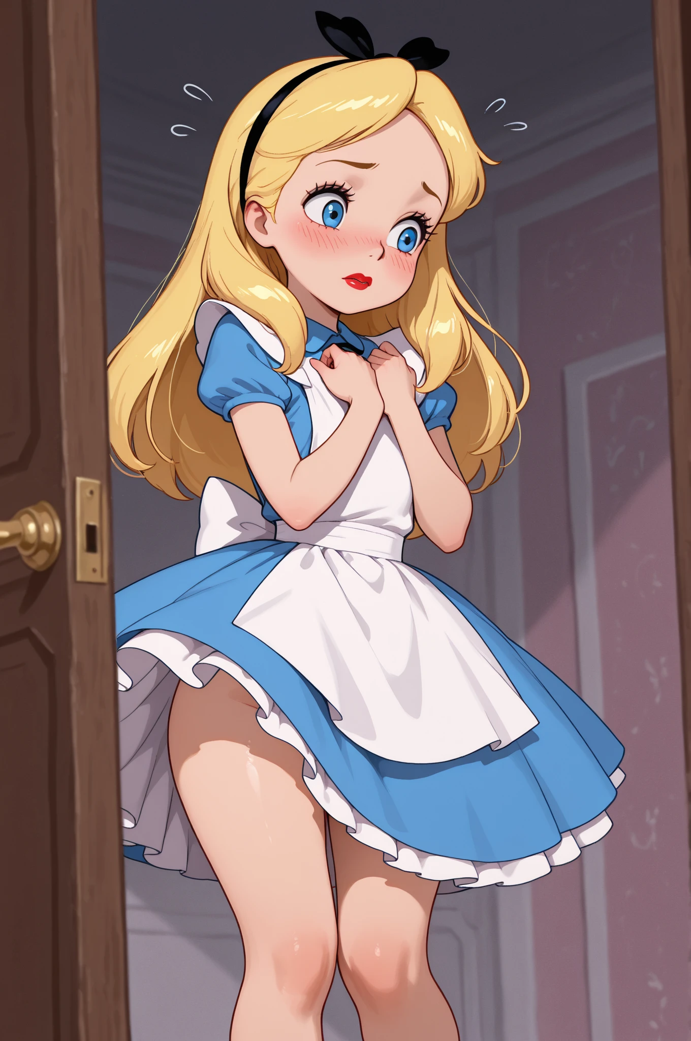 (1 girl one girl:1 girl), solo, tight clothes,((Wear a royal blue sport bra)),Short model,blue panties,blonde,sex appeal,cuteness,white legwear,White wall,cameltoe,FULL-bodyphoto,looks at the viewer,World-weary face,Indifferent eyes,Korean style