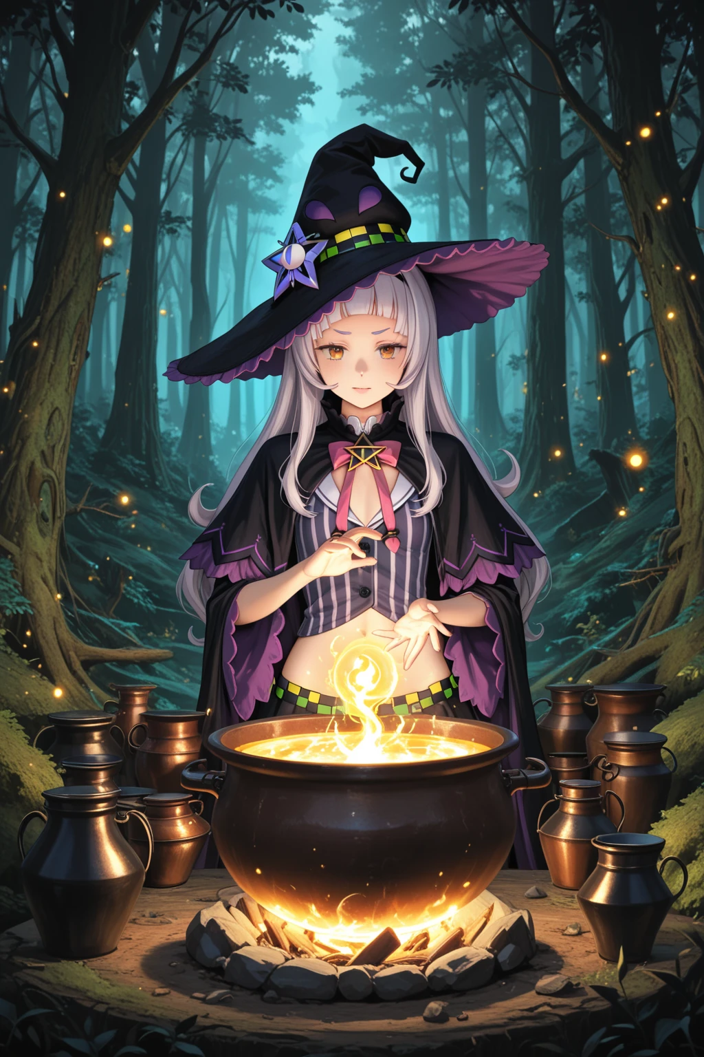 (((masterpiece))),best quality,watercolor,((illustration), (((beautiful detailed girl))),((mysterious)),small chest,(witch_brew), ((delicate cute face)),red eyes, ringlets,white hair, ((witch_robe)),black robe,hooded robe,golden laces, ((fairytale)),(night),((cauldron)),mushroom_forest,glowing_mushrooms,luminous_spirit,light_particles