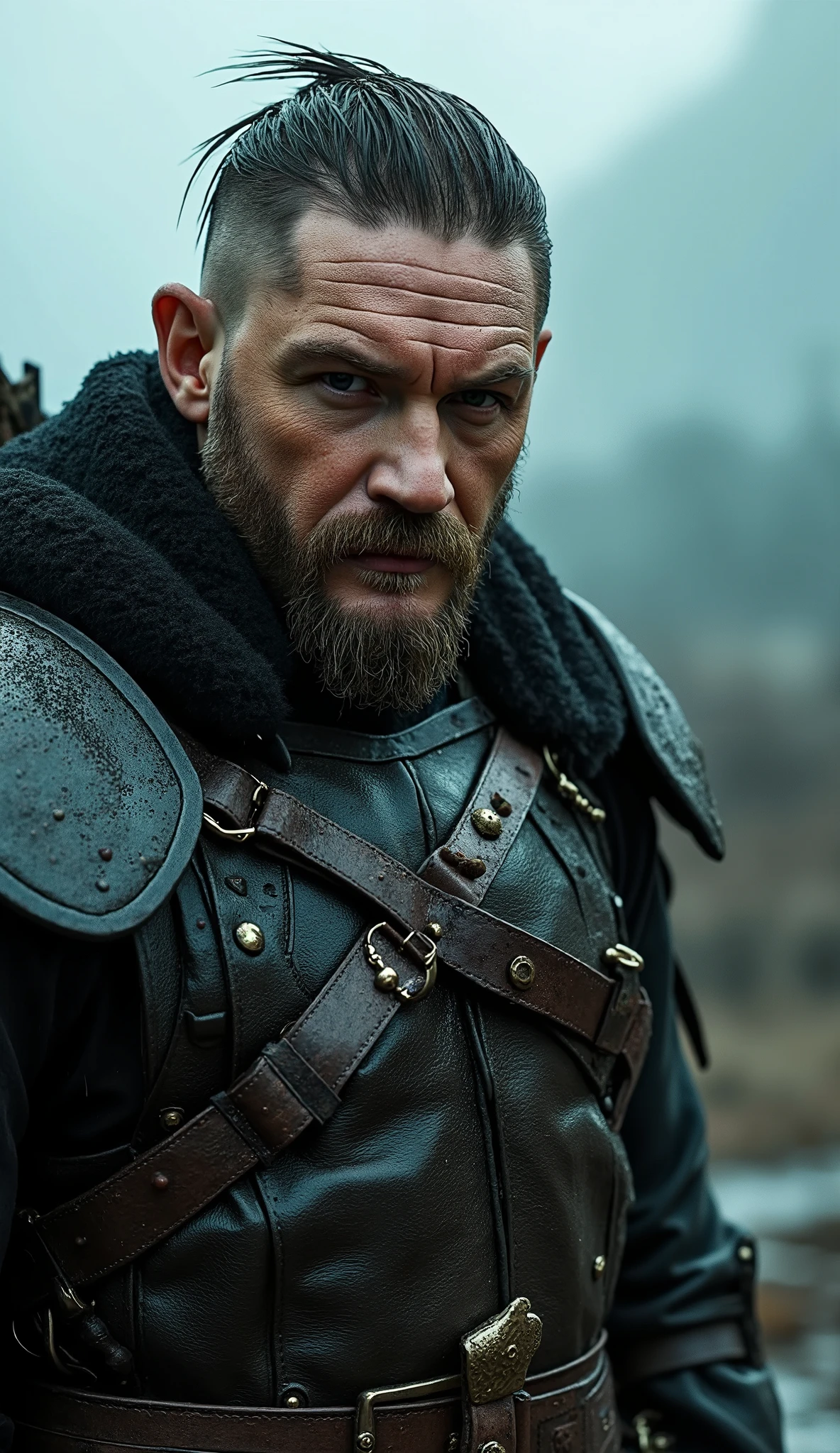 Tom Hardy, ultra detailed portrait, close-up render, dramatic lighting, gritty atmosphere, highly detailed 8k textures, photorealistic style, powerful intimidating presence, cinematic composition, warrior preparing for battle in the rain.
