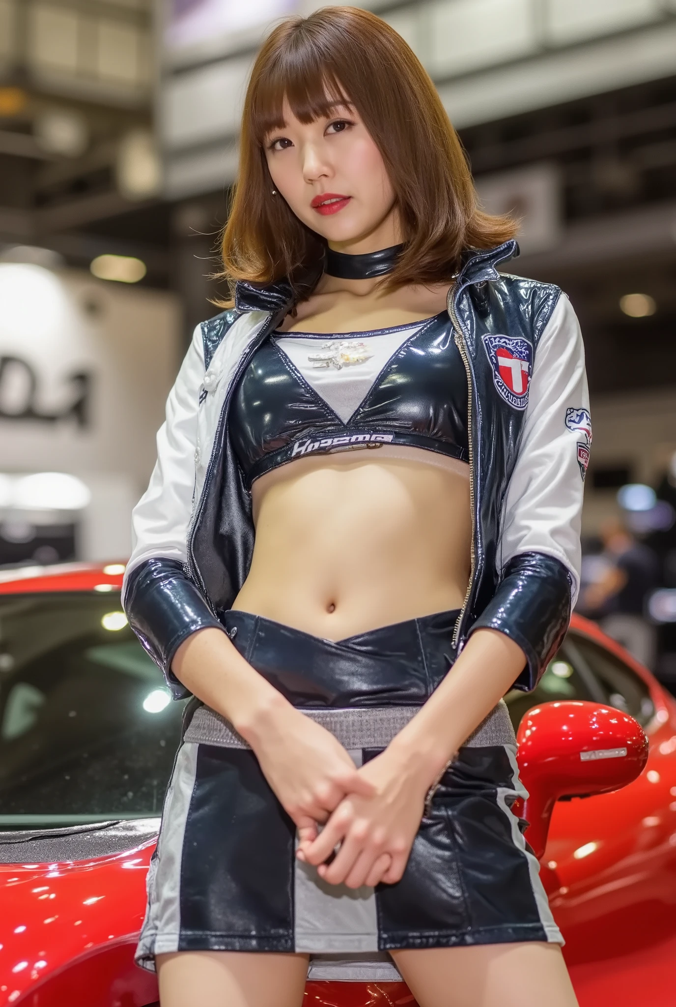 Highest Quality 、high quality 、 最High Definition、High Definition、8K Quality、high image quality 、Highest Quality、 masterpiece 、immersive video、 very realistic image 、Realistic Painting、 perfect details 、 high contrast 、High Fidelity、 perfect photo without blurring、close to reality、 An image that has been faithfully reproduced down to the smallest detail、 Detailed and REALISTIC WEAPON 、 exquisite and realistic human skin 、 realistic face in every detail、 Realistic eyes in detail 、 draw realistic lips in every detail 、 detailed and real teeth、Realistic Ears、 Realistic Hair 、((Japanese Model))、((Race Queen))、((beautiful adult woman))、((beautiful faces))、((black hair))、((big rounded breasts))、((sexy body ))、((Beautiful skin without a single blemish))、(((Tokyo Motor Show)))、 (((racing cars)))、 ((promotion girl beside the F1 car,Grid Girls,detailed promotional costumes are intricately worn))、racing cars、Racing exhibition hall、Japanese woman wearing sneakers、Race Queenコスチュームの日本人女性、(((Asymmetric design cropped top short enough to show &enamel short sleeve jacket with lots of logos&asymmetrical design enamel skirt short enough to show panties&Japanese woman wearing sneakers)))、(((cropped top that fits perfectly to a body short enough to show &enamel short sleeve jacket with lots of logos&perfect for bodies short enough to see panties {x} perfect for bodies short enough to see panties fitted enamel skirt&Japanese woman wearing sneakers)))、(((cut out design enamel cropped top that is short enough to show &enamel short sleeve jacket with lots of logos&cutout design enamel skirt short enough to show panties&Japanese woman wearing sneakers)))、((racing carsに寄り添う,racing carsのボンネットに腰を下ろす,Dynamic Poses))、(crowd in motor show venue)、((Closeup of the subject))