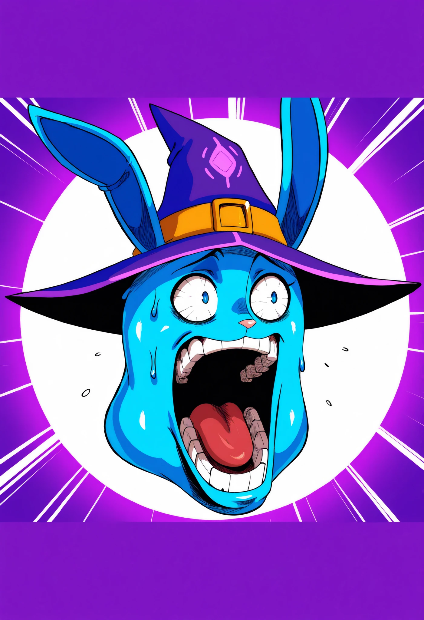 simple plain background for easy removal, (solo), anime/manga style, best quality, high resolution, absurdres, (adult), uploaded on danbooru, uploaded on e621, (by sssonic2, by inu-sama), [by joaoppereiraus:0.6], [by jrvanesbroek:0.4], enel face, open mouth, sweat, teeth, wide-eyed, constricted pupils, (perfect shape, small blob creature, perfect round blob, circular round body, blob creature with rabbit ears and rabbit nose), blue body, wearing a purple mage/wizard hat