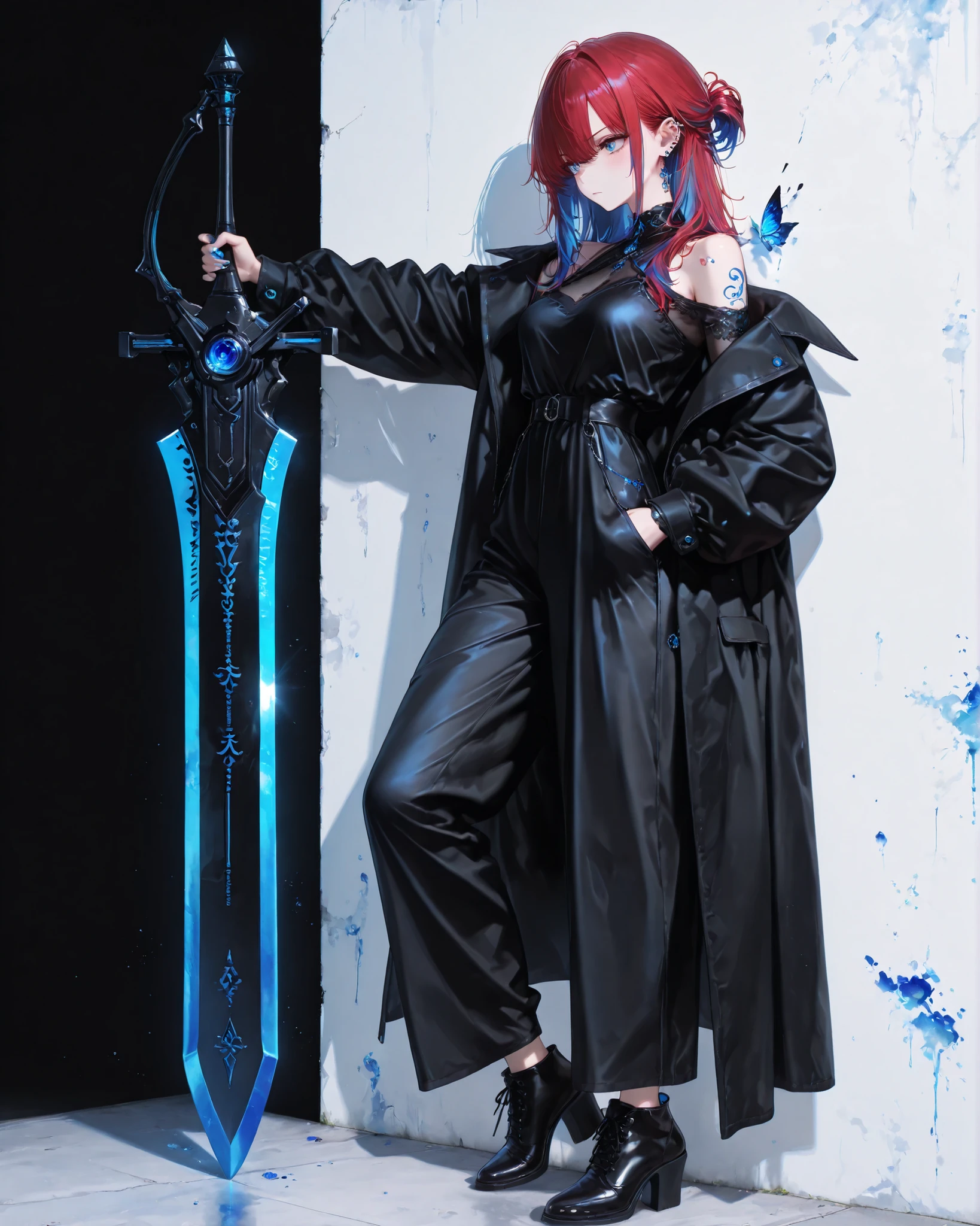 side angle, full body, character in the right corner of the image with her body turned to the left of the image, (masterpiece, vivid colors, 4k), {1woman}:(a beautiful and attractive woman with "long red hair:1.2" with blue highlights and a wild hairstyle, serious rectangular blue eyes half-open, a very detailed blue jeweled ear piercing, wearing an all-black outfit with a black overcoat closed all the way to the top covering her mouth completely, low-waisted black dress pants and black high-heeled shoes, on her shoulder a "huge broadsword:1.12" with an incredibly wide blade fully adorned with very detailed blue jewels), illustration as a poster, neutral background, no background, neutral background