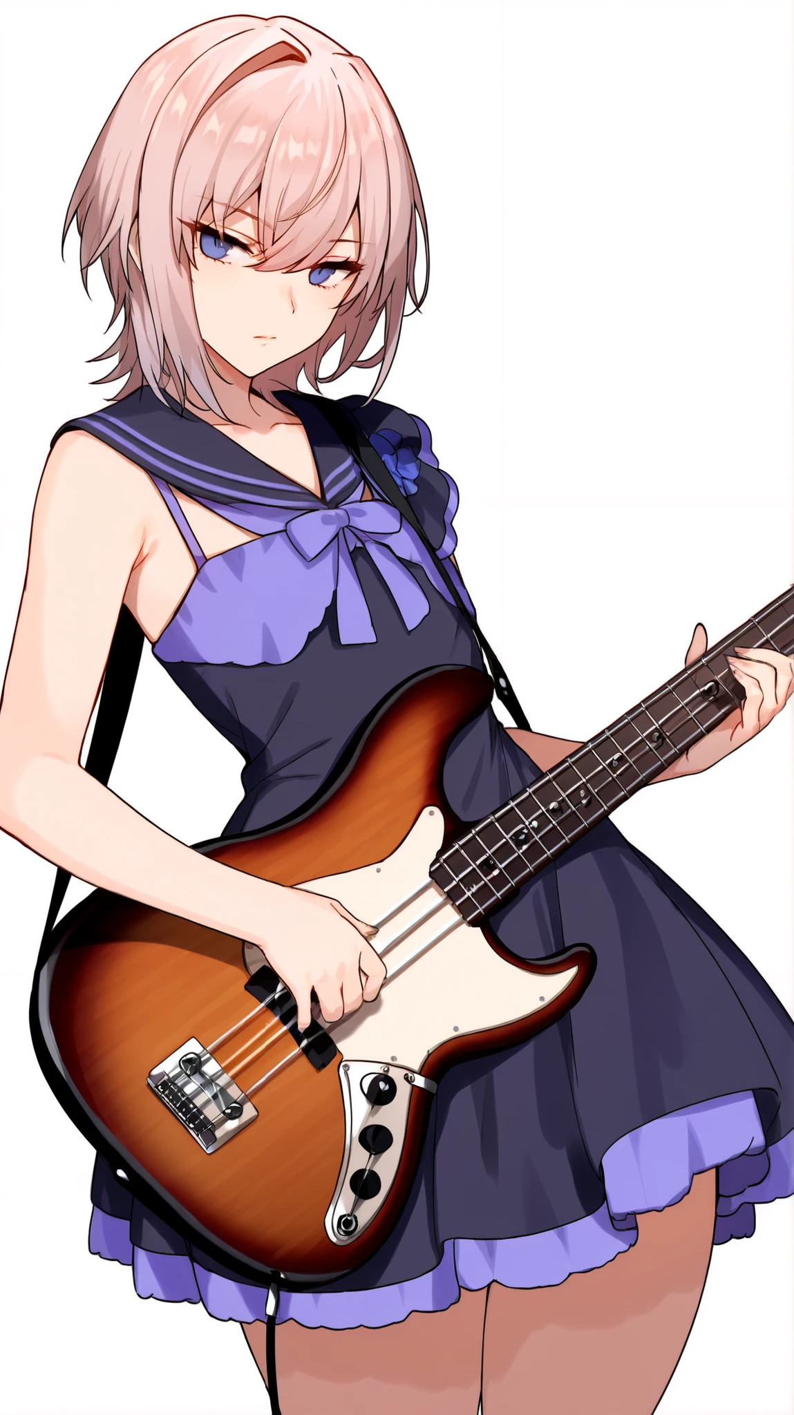 masterpiece, best quality, newest, absurdres, highres, detailed eyes, 1girl, mature, solo, light-white pink hair, short hair, wolf cut, double-parted bangs, swept bangs, single hair intake, hair between eyes, cool serious eyes, dark-blue eyes, flat chest, contemporary, dark-blue sailor dress, idol clothes, holding bass guitar, looking at viewer, thighs, curvy, posing, simple background, white background,