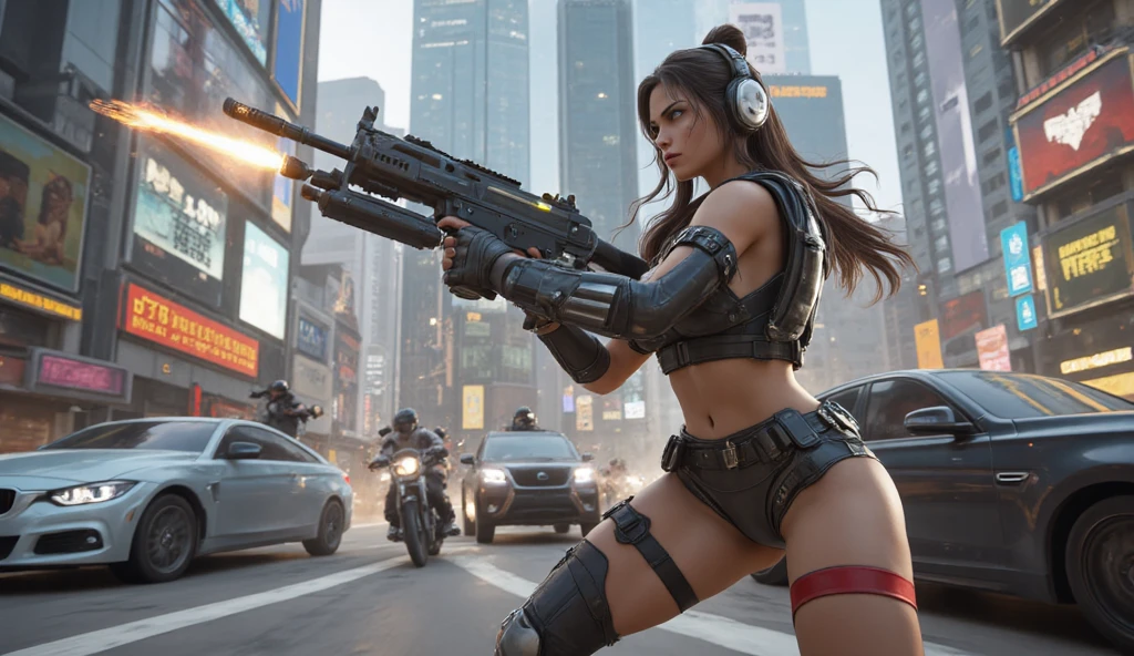 At night, aerial view of futuristic sci-fi cyberpunk city with plenty neon lights, skyscrapers, flying cars, vortex glowing hologram ((giant clock tower)) as time machine, high quality. (1girl, solo), photo realistic, large-breast:1.2 slim body, cleavage:1.3, tube top, short miniskirt, (black sunglasses), aiming at viewer with a (mini rifle):0.3, dynamic pose, half-body thigh level medium shot, cinematic lighting.