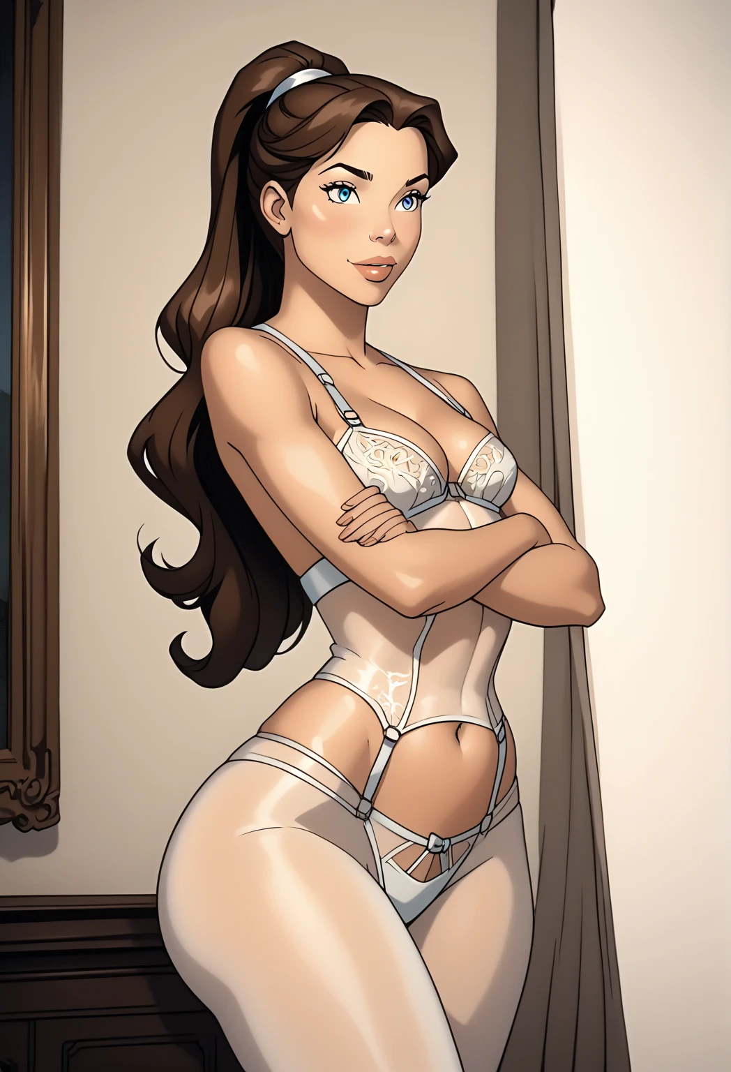 score_9, score_8_up, score_7_up, score_6_up, detailed pixel art of a woman, brown, smooth skin, black eyes, long dark brown hair, full lips, slender physique, black bunny suit, black heels, penis outline between legs