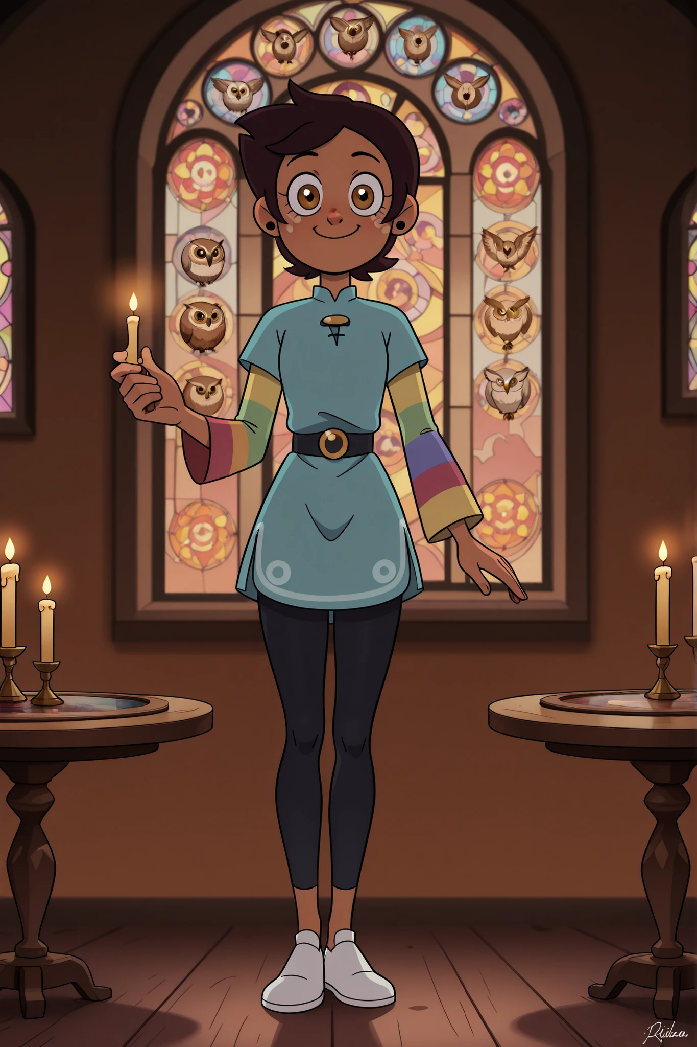 photographic quality, ultra-detail, high resolution, Luz Noseda in her signature outfit (tunic, colorful sleeves and leggings, dark belt, white shoes), short brown hair styled casually, warm smile on a swarthy face, brown eyes reflect candlelight, romantic magic club table, stained glass windows, floating crystals of light, Owl House world style